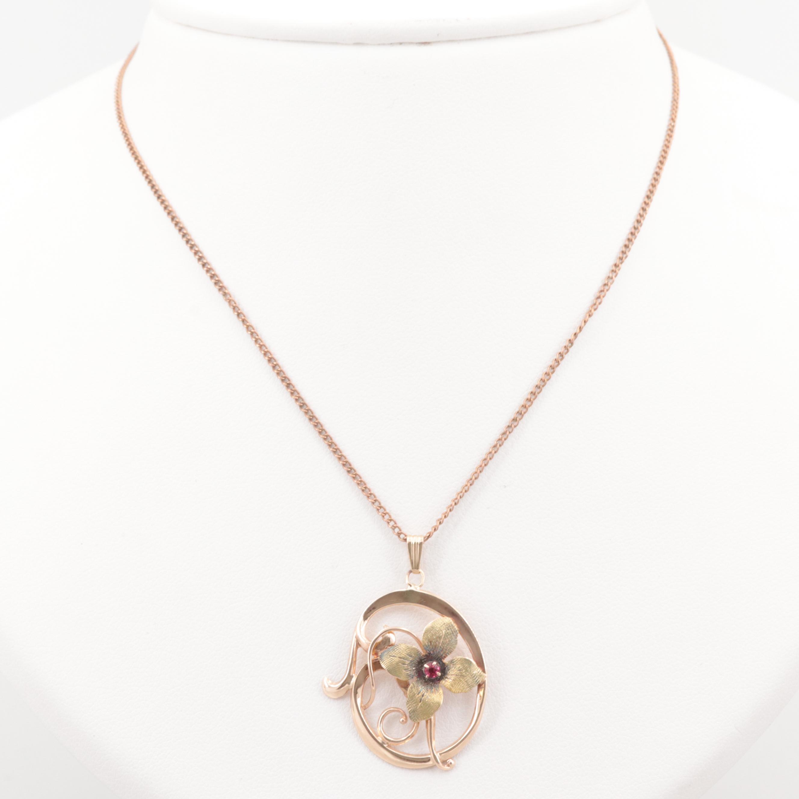 Vintage 10K Rose Gold Flower Pendant Necklace with Glass Accent