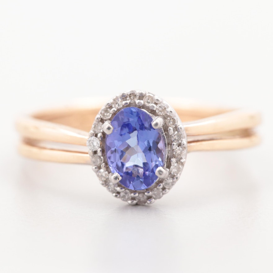 14K Yellow Gold Tanzanite Ring with Diamond Halo