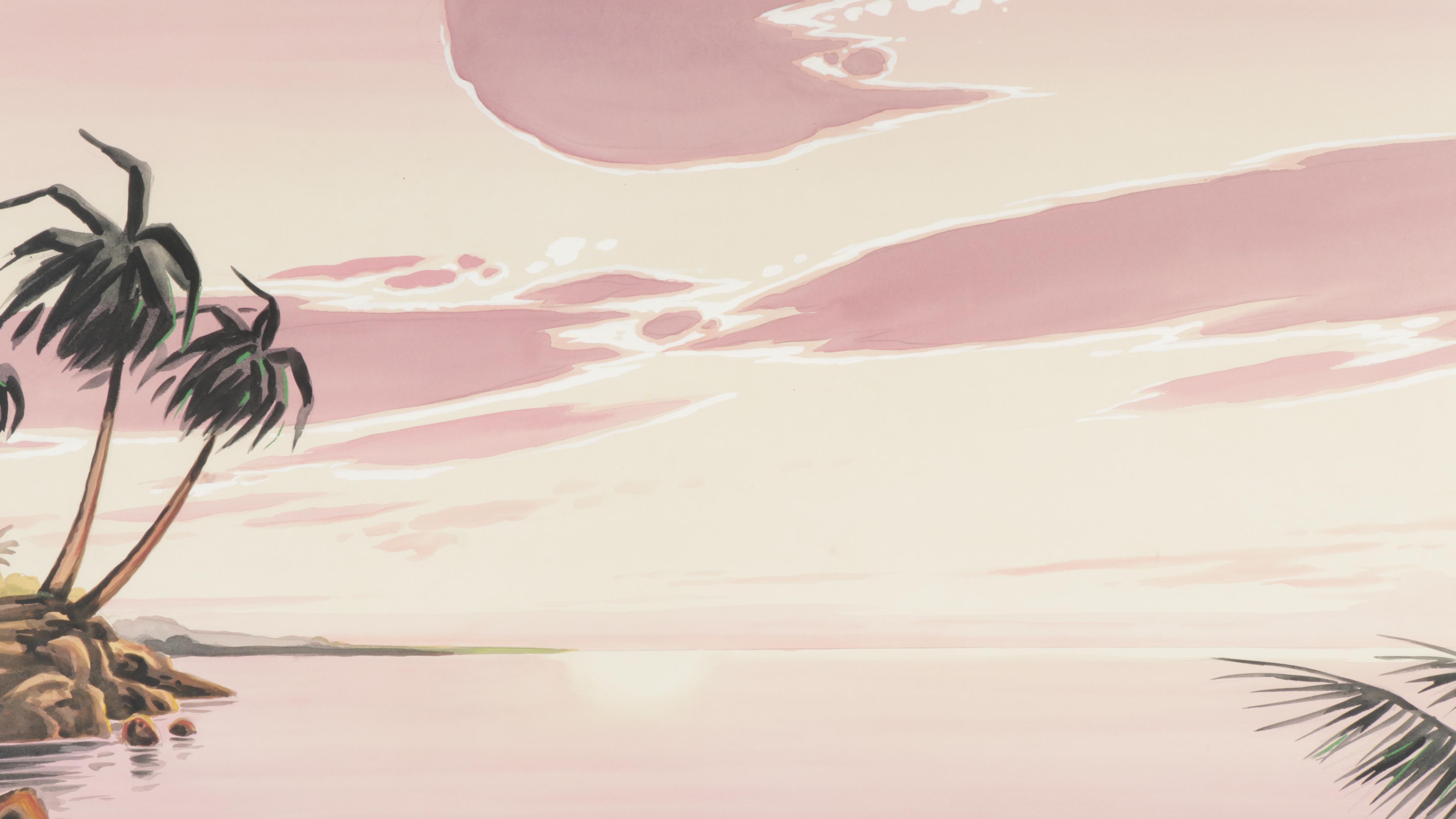 Carlo of Hollywood Large Mid Century Tropical Gouache Painting