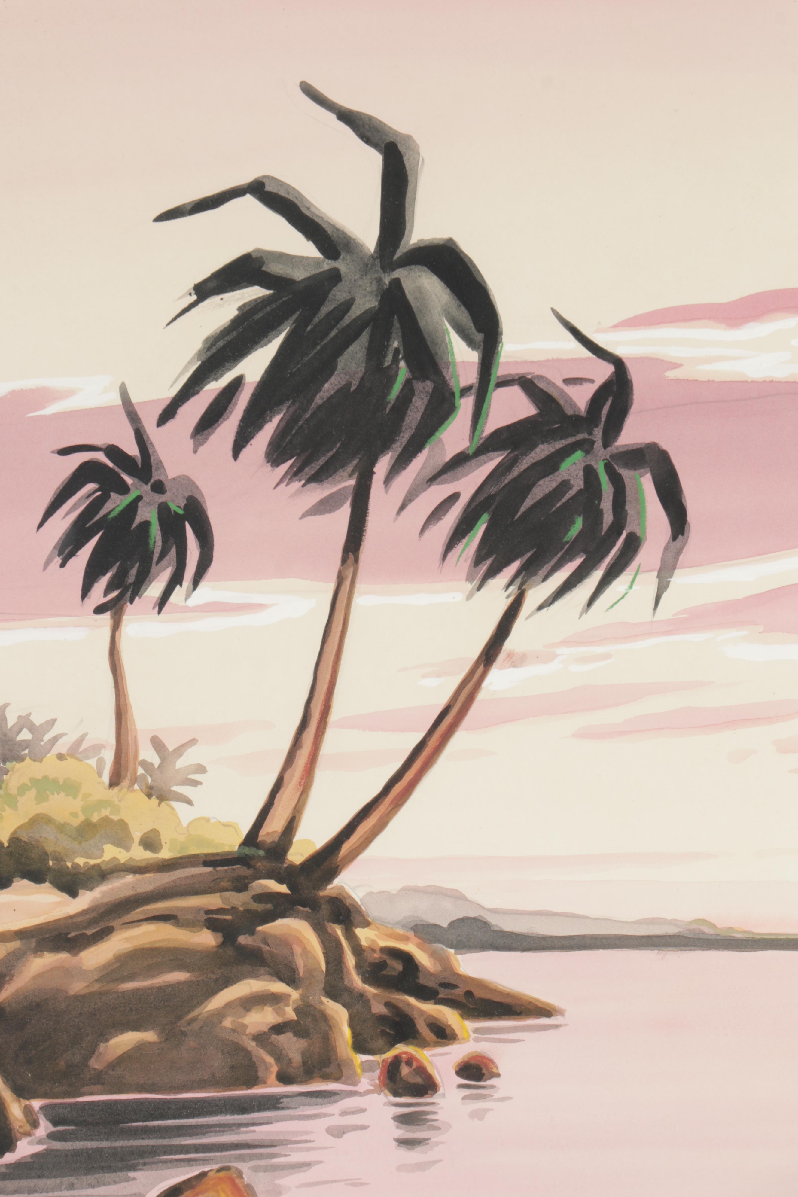 Carlo of Hollywood Large Mid Century Tropical Gouache Painting