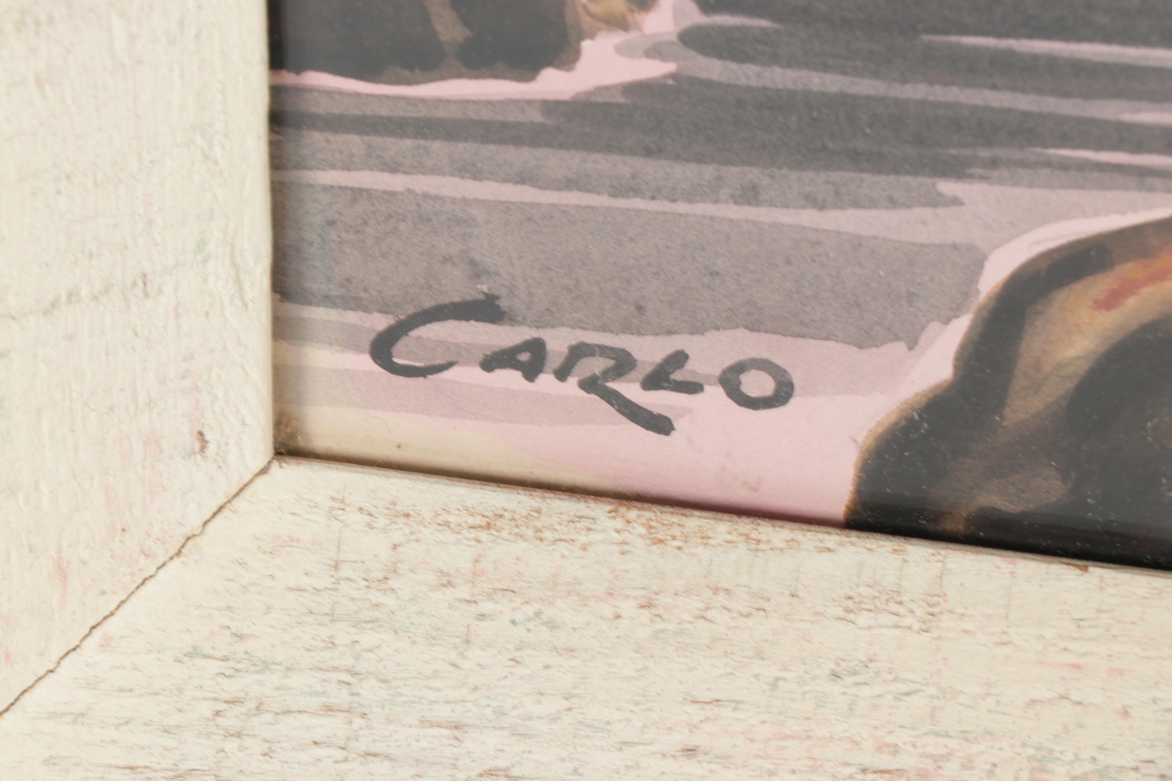 Carlo of Hollywood Large Mid Century Tropical Gouache Painting