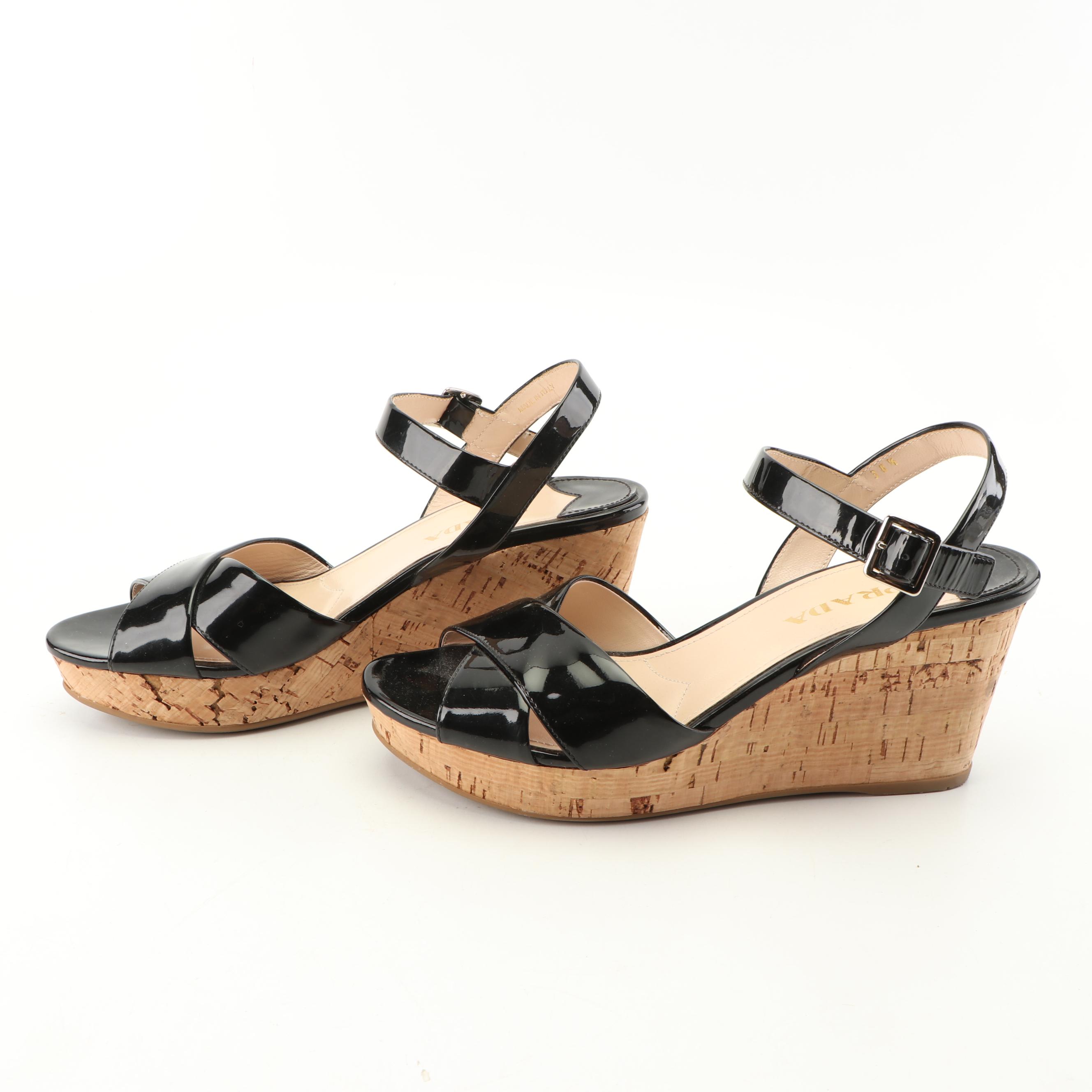 Prada Black Patent Leather Cork Wedge Sandals