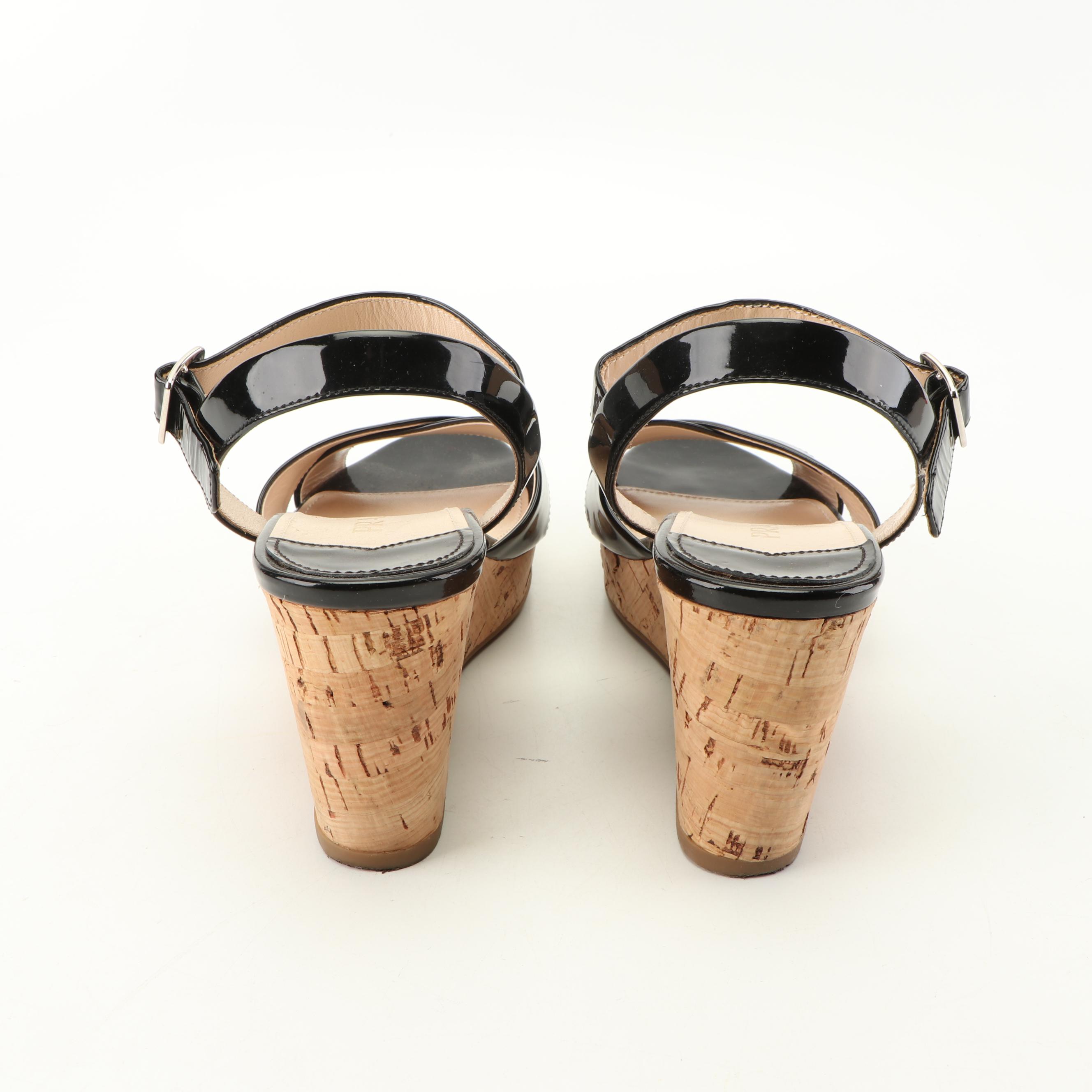 Prada Black Patent Leather Cork Wedge Sandals