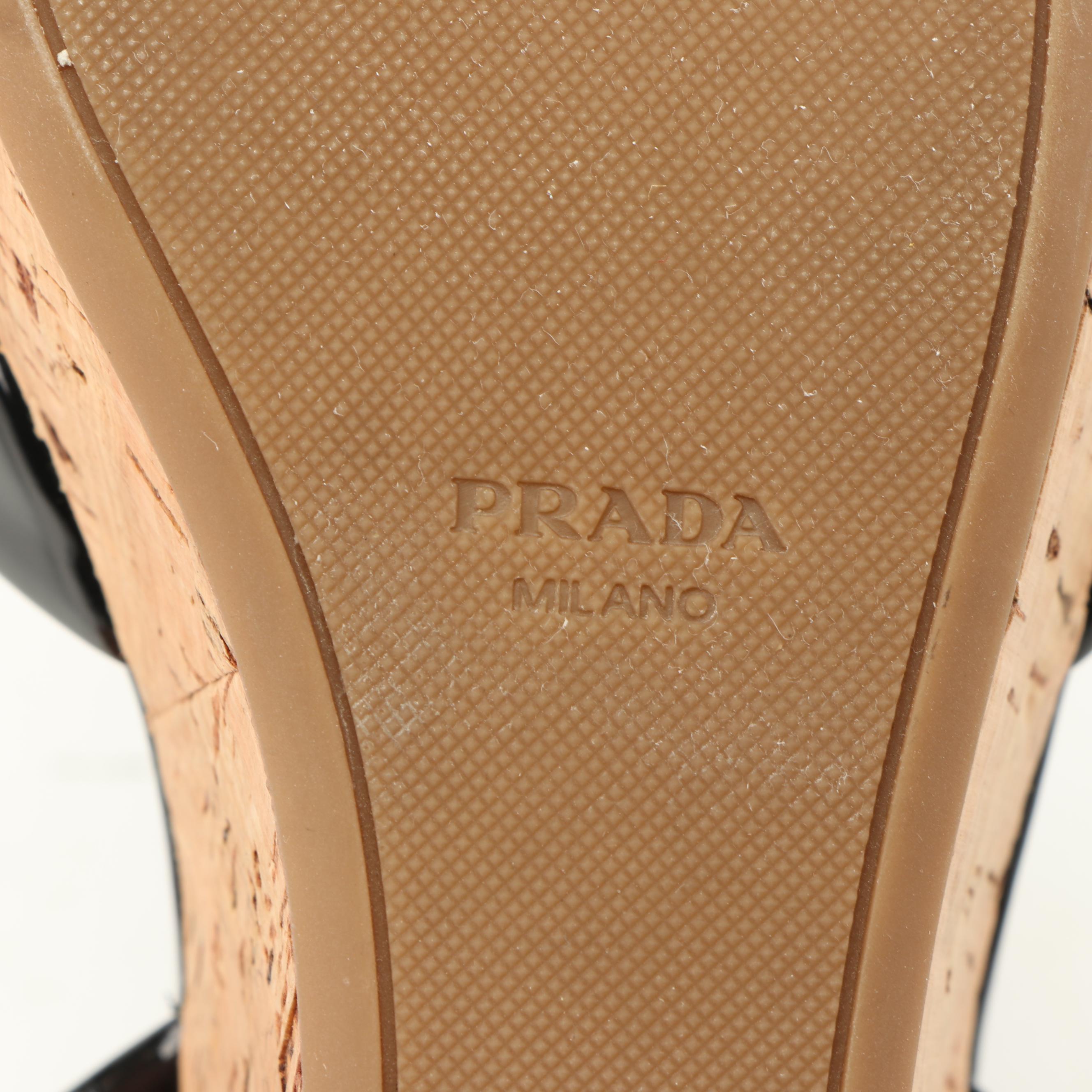 Prada Black Patent Leather Cork Wedge Sandals