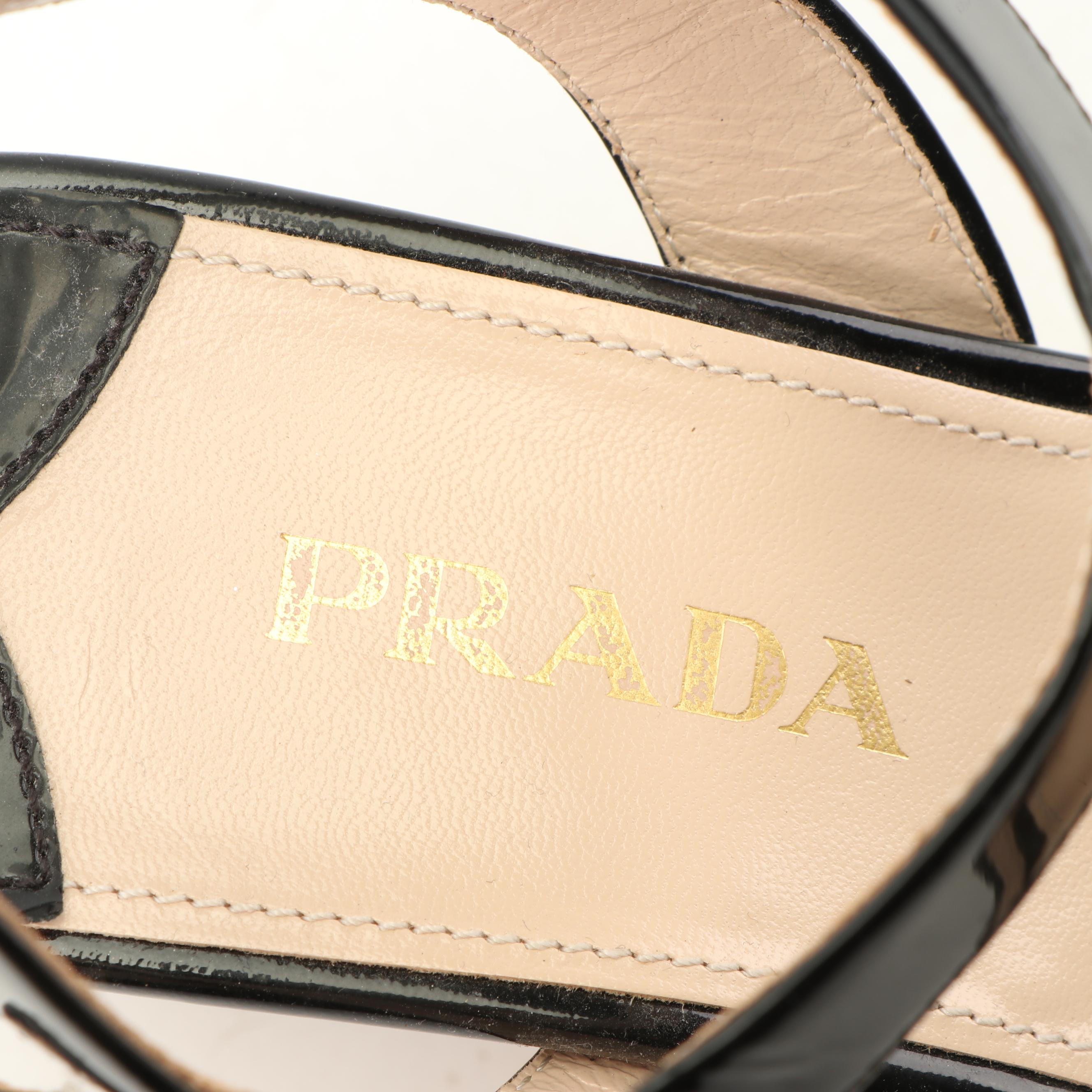 Prada Black Patent Leather Cork Wedge Sandals
