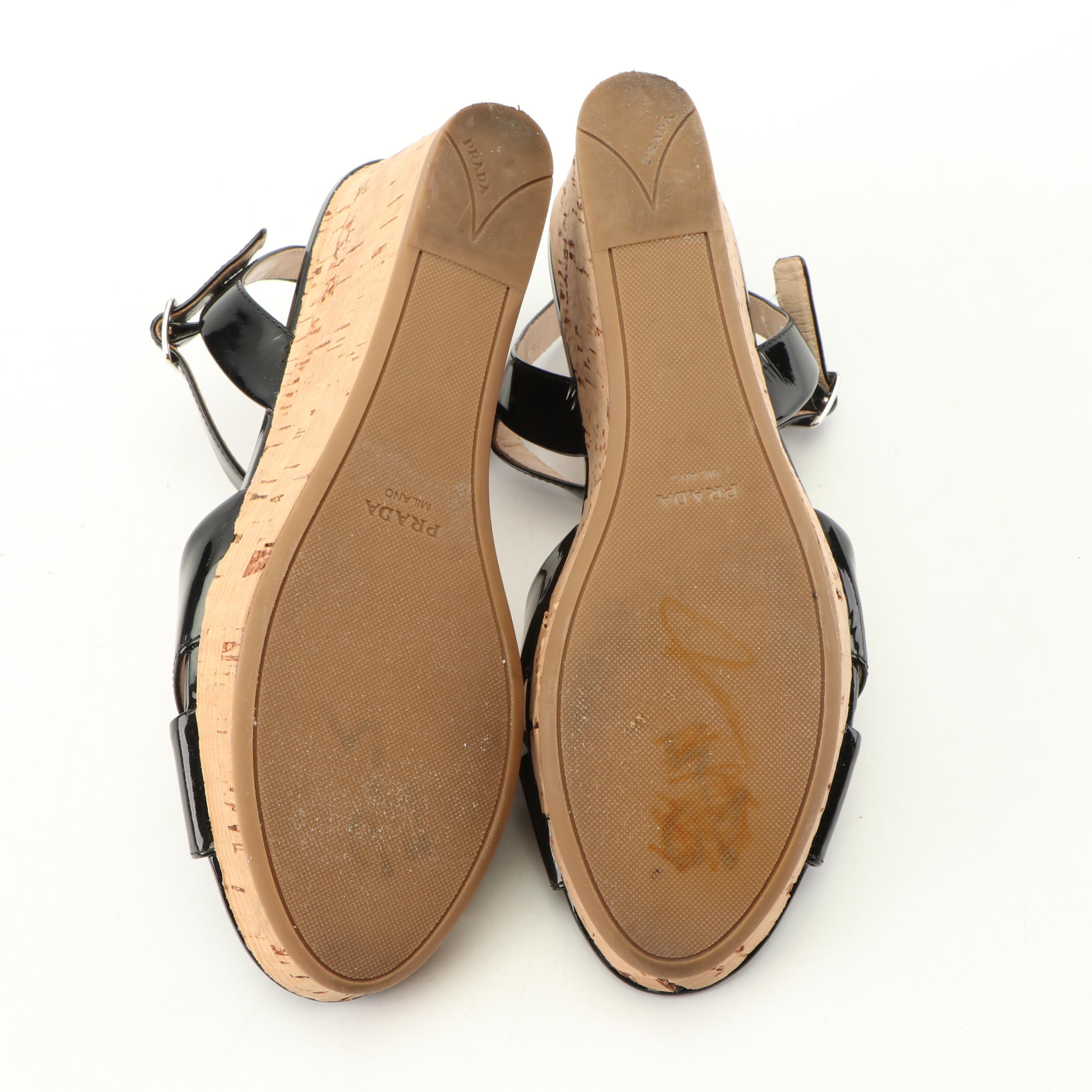 Prada Black Patent Leather Cork Wedge Sandals