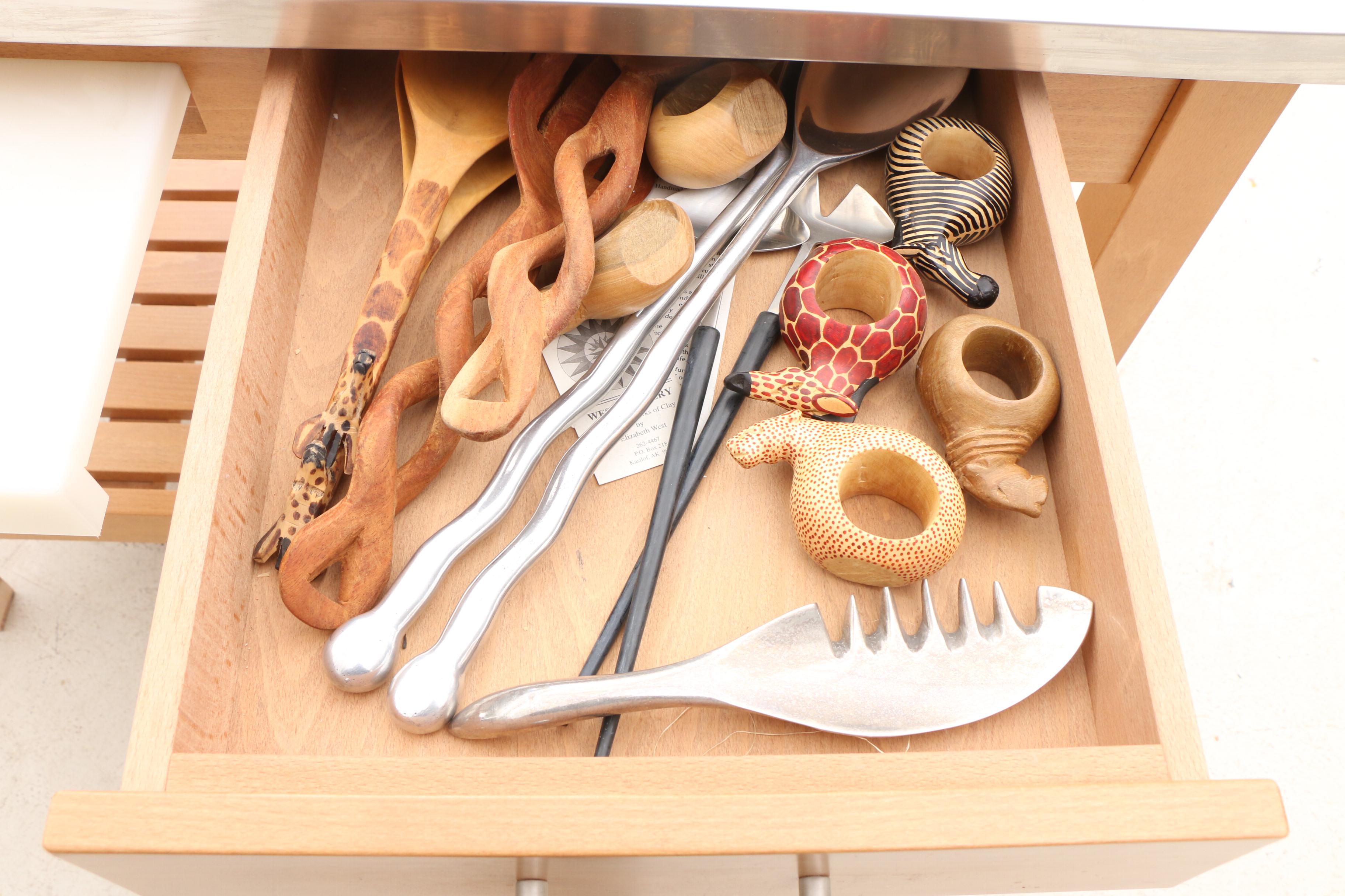 Stainless Steel Top Kitchen Island with Contents in Drawer