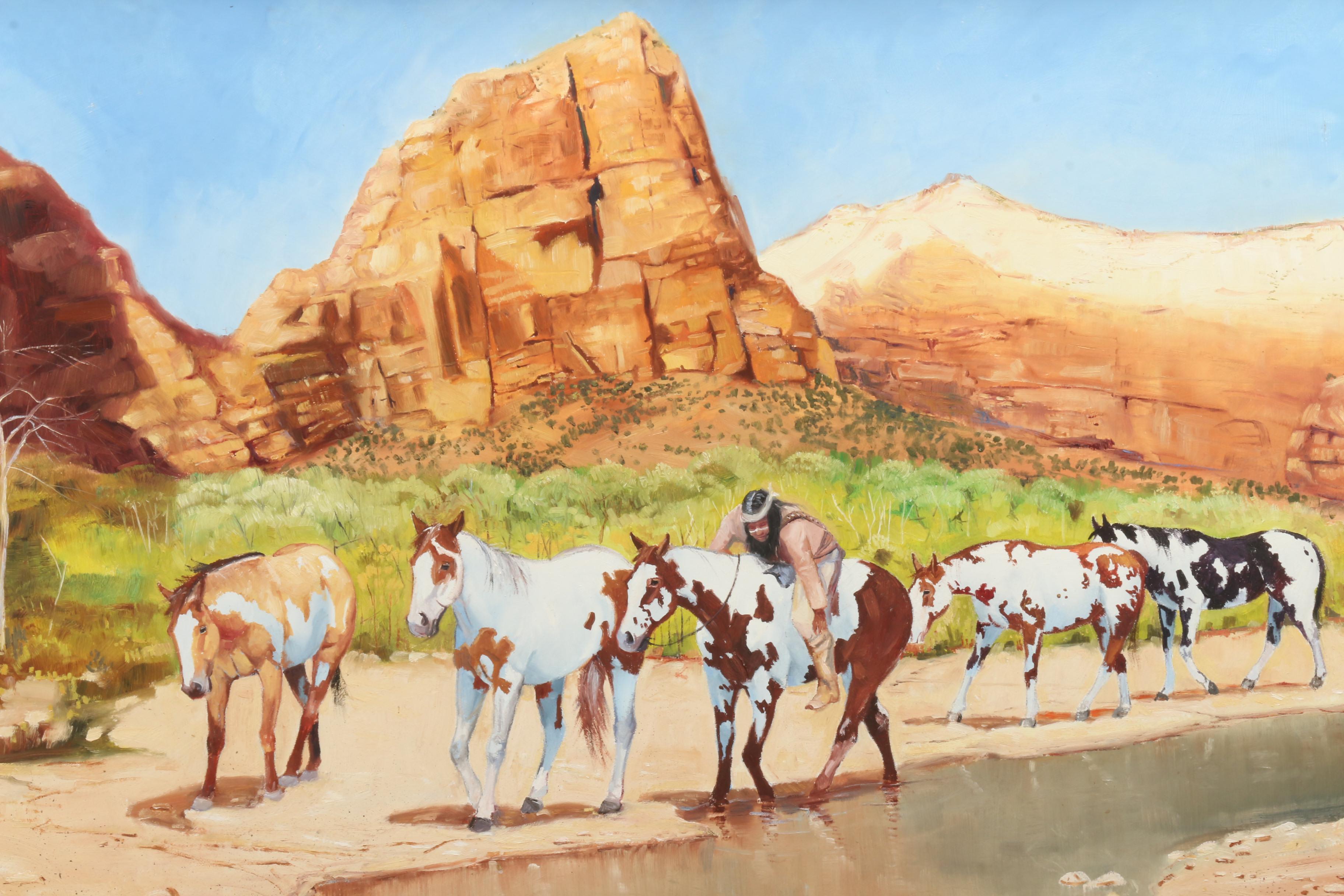 Galen Wallum Oil Painting of Native American with Horses