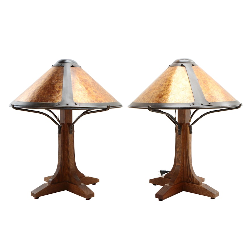 Arts and Crafts Oak Table Lamps with Mica Shades