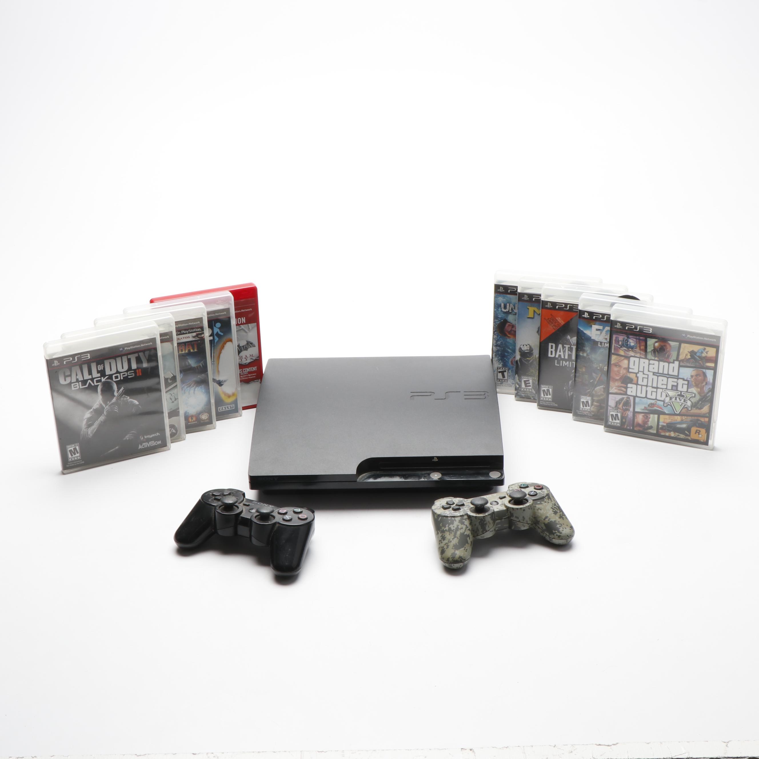 Sony Playstation 3 Slim with Wireless Controllers and Video Games