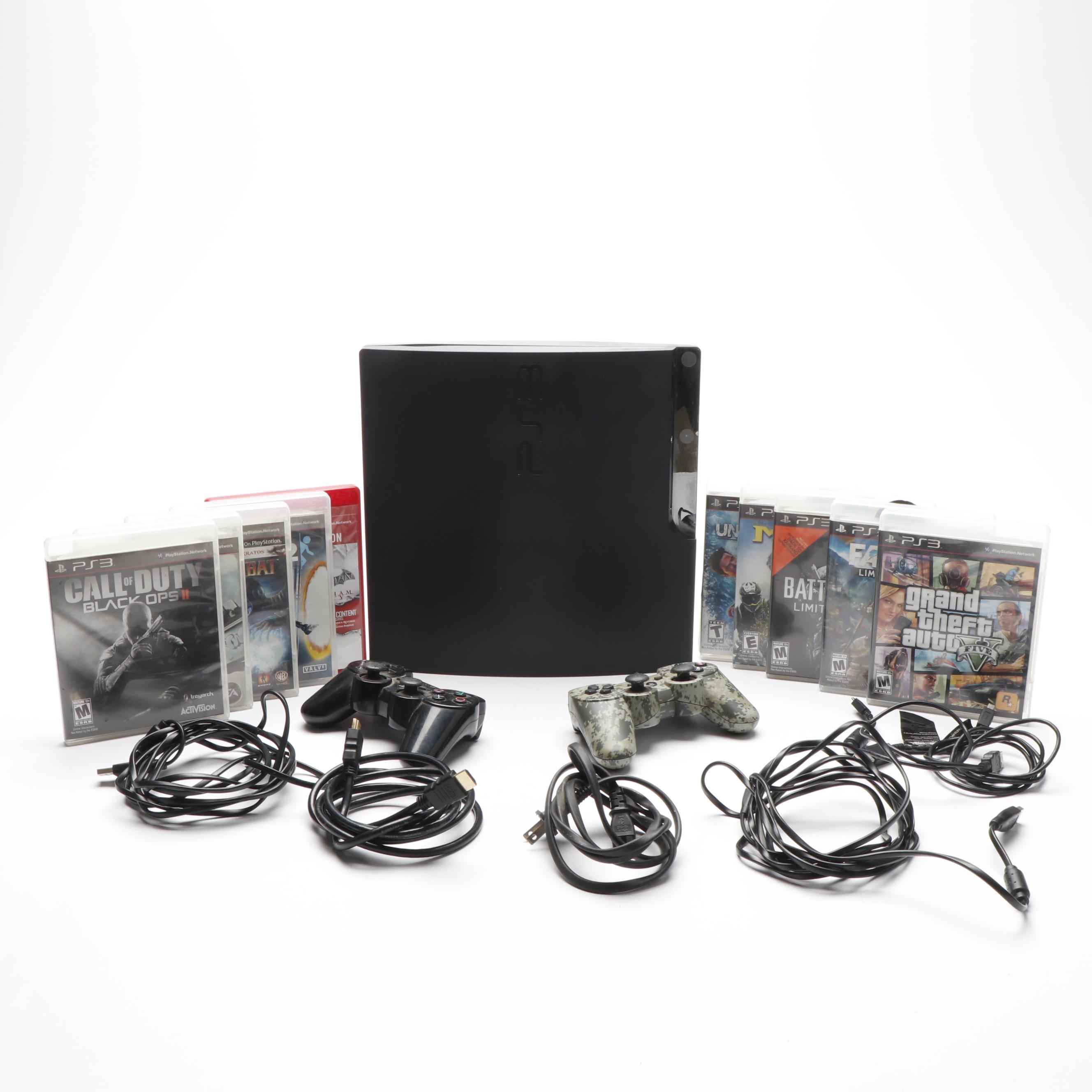 Sony Playstation 3 Slim with Wireless Controllers and Video Games