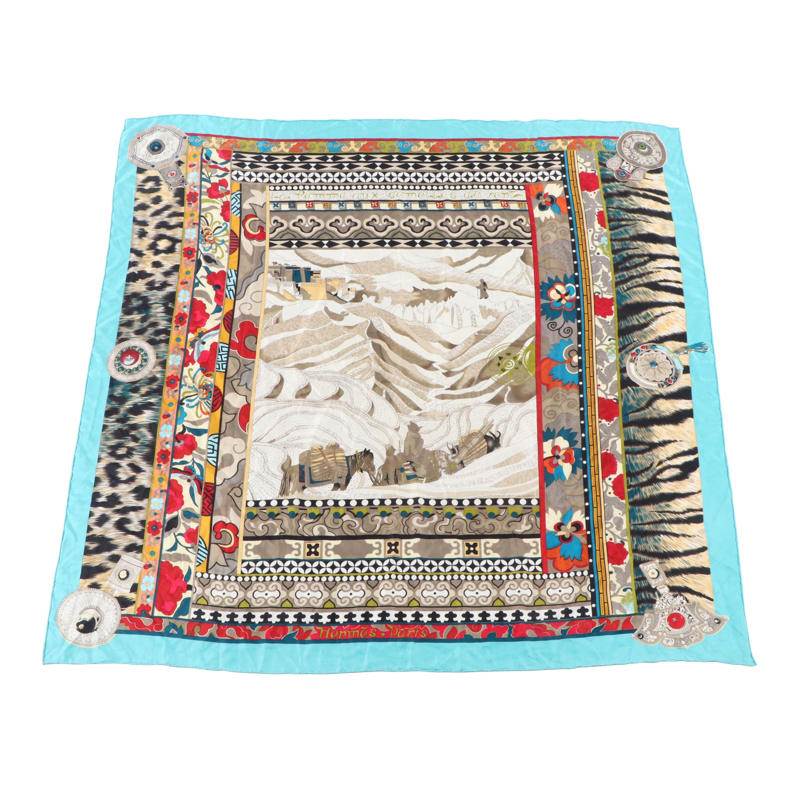 Hermès “Le Femme aux Semelles de Vente” Silk Shawl by Aline Honore