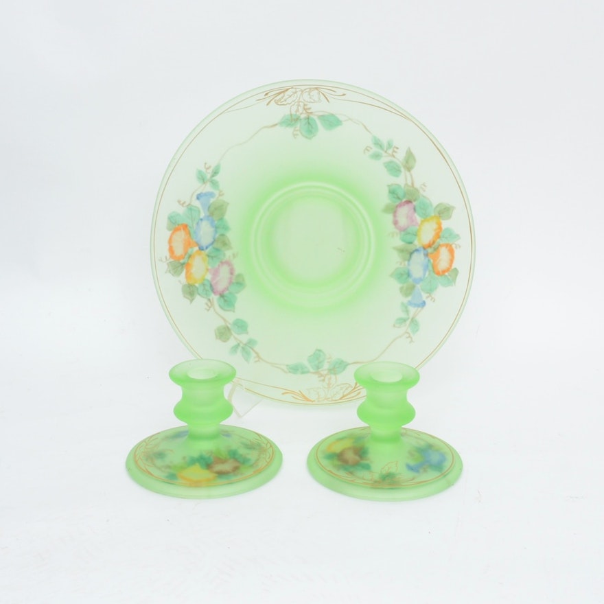 Hand Painted Satin Glass Pedestal Bowl and Candlesticks