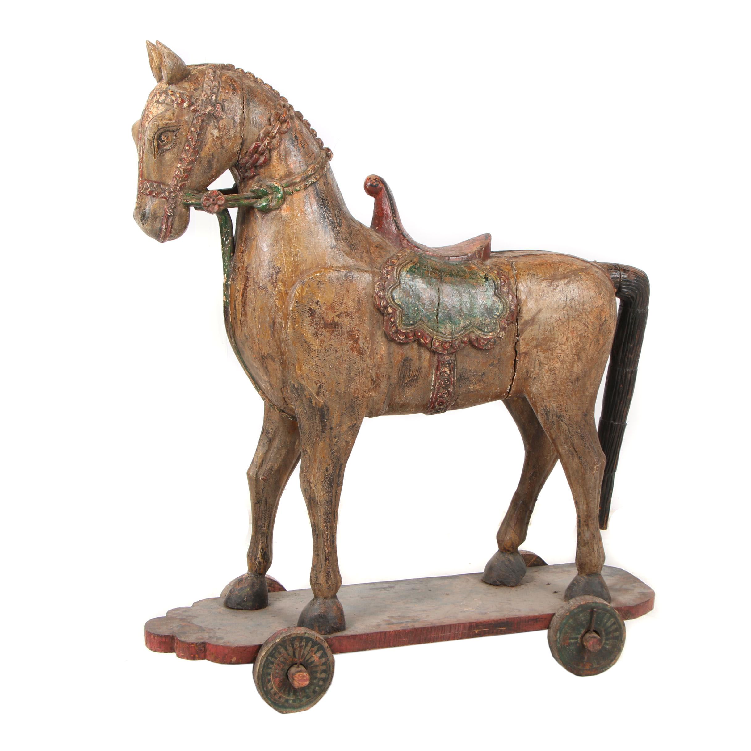 Wooden Horse Statue on Wheeled Base