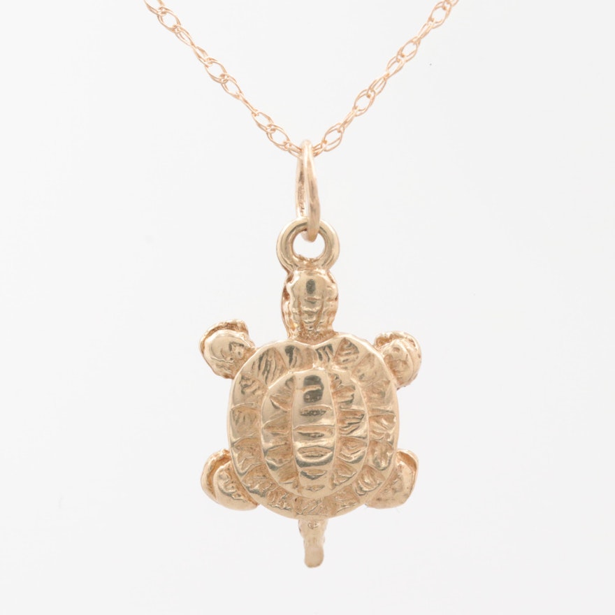 10K Yellow Gold Turtle Pendant on 14K Gold Chain Necklace