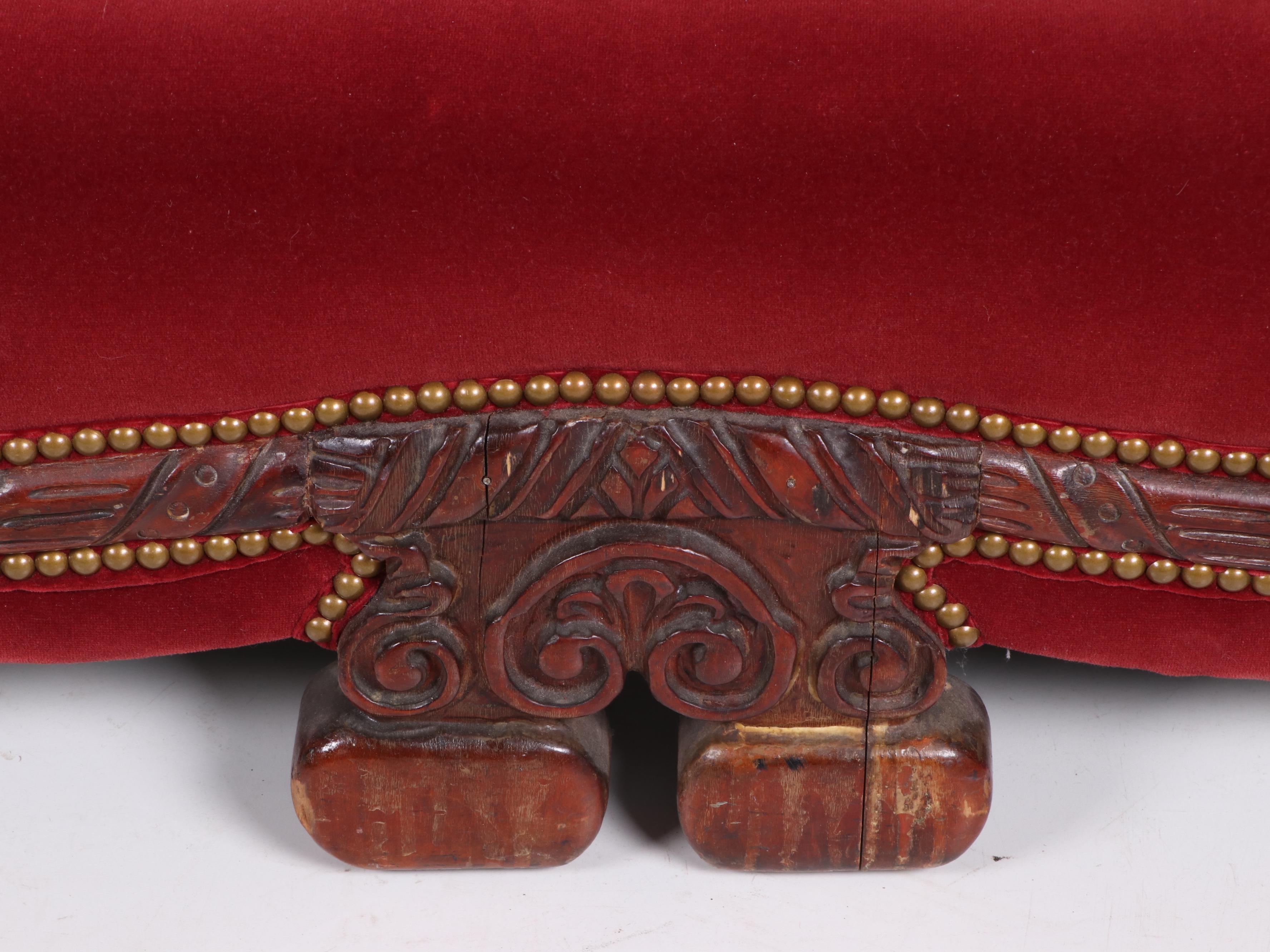 Art Deco Velvet and Carved Floral Mahogany Sofa, Early 20th Century