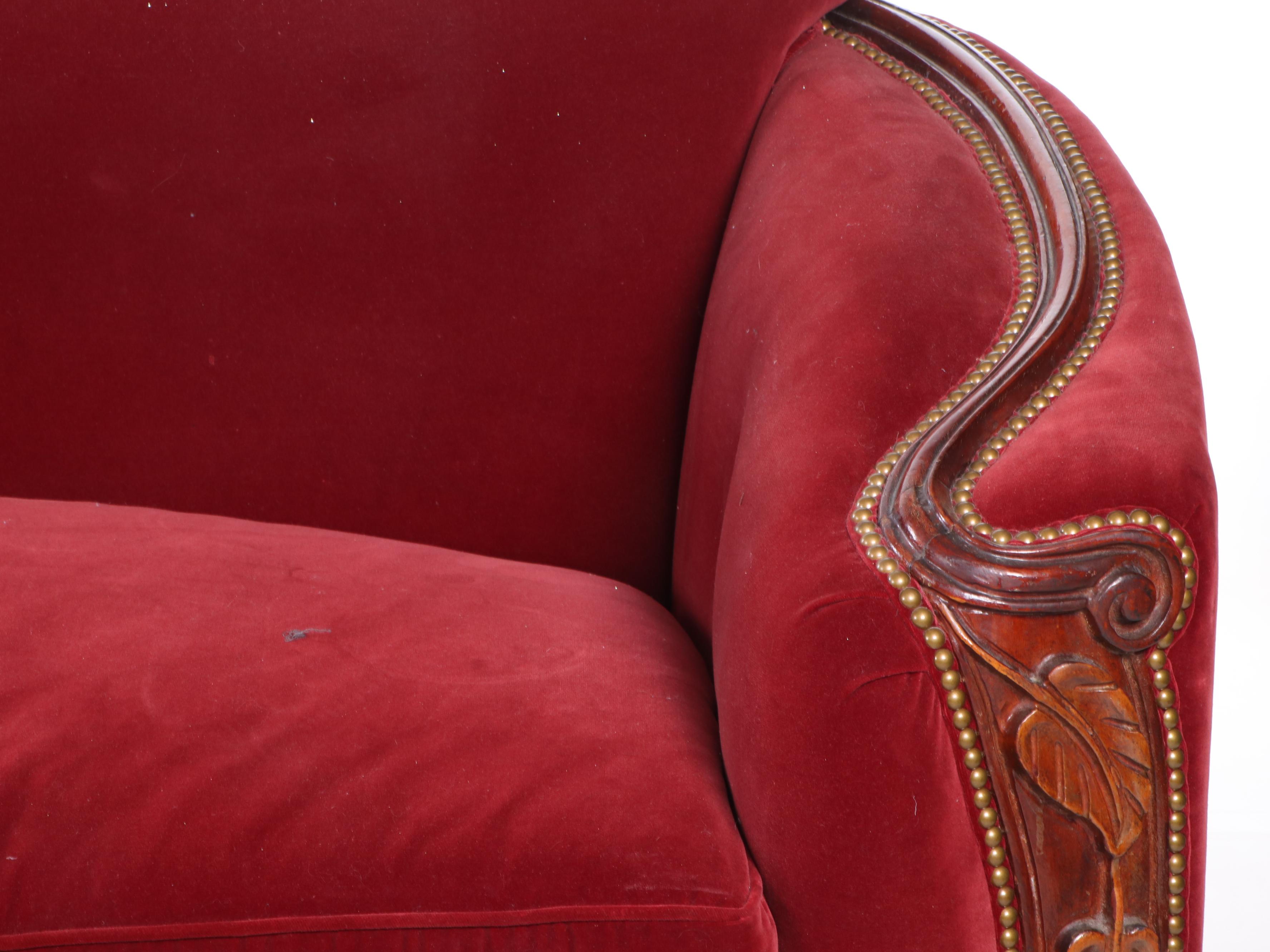 Art Deco Velvet and Carved Floral Mahogany Sofa, Early 20th Century