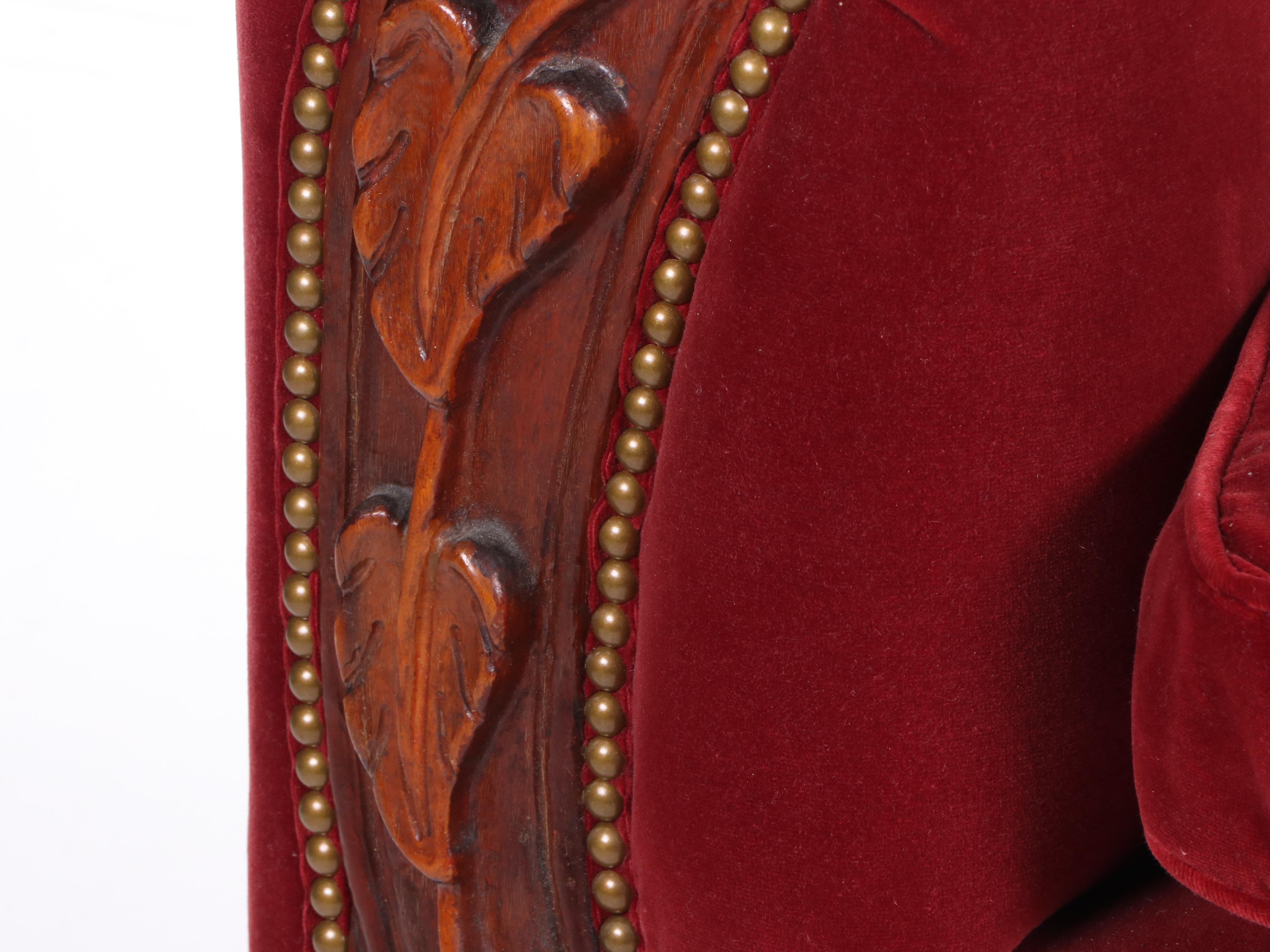 Art Deco Velvet and Carved Floral Mahogany Sofa, Early 20th Century