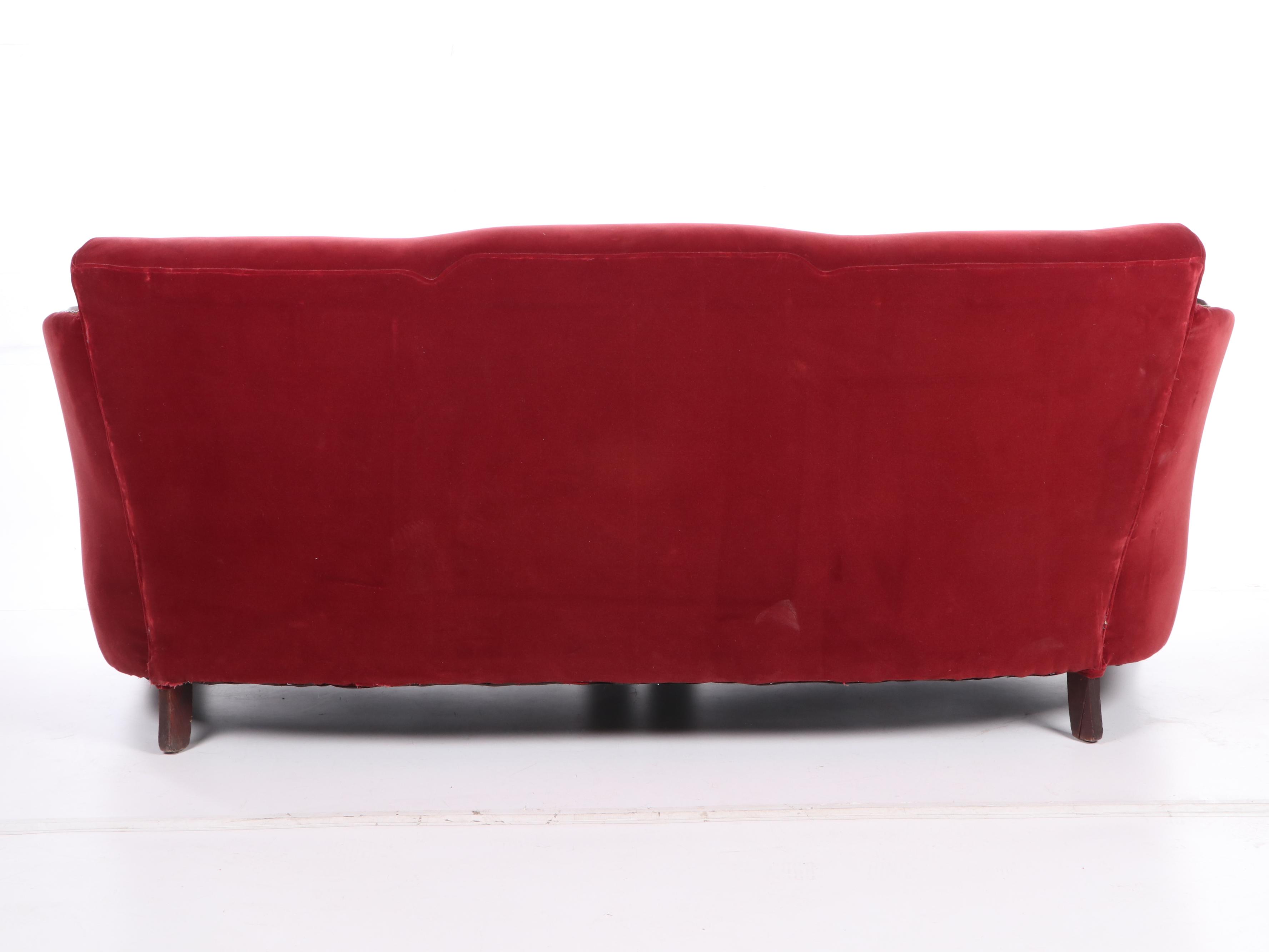 Art Deco Velvet and Carved Floral Mahogany Sofa, Early 20th Century