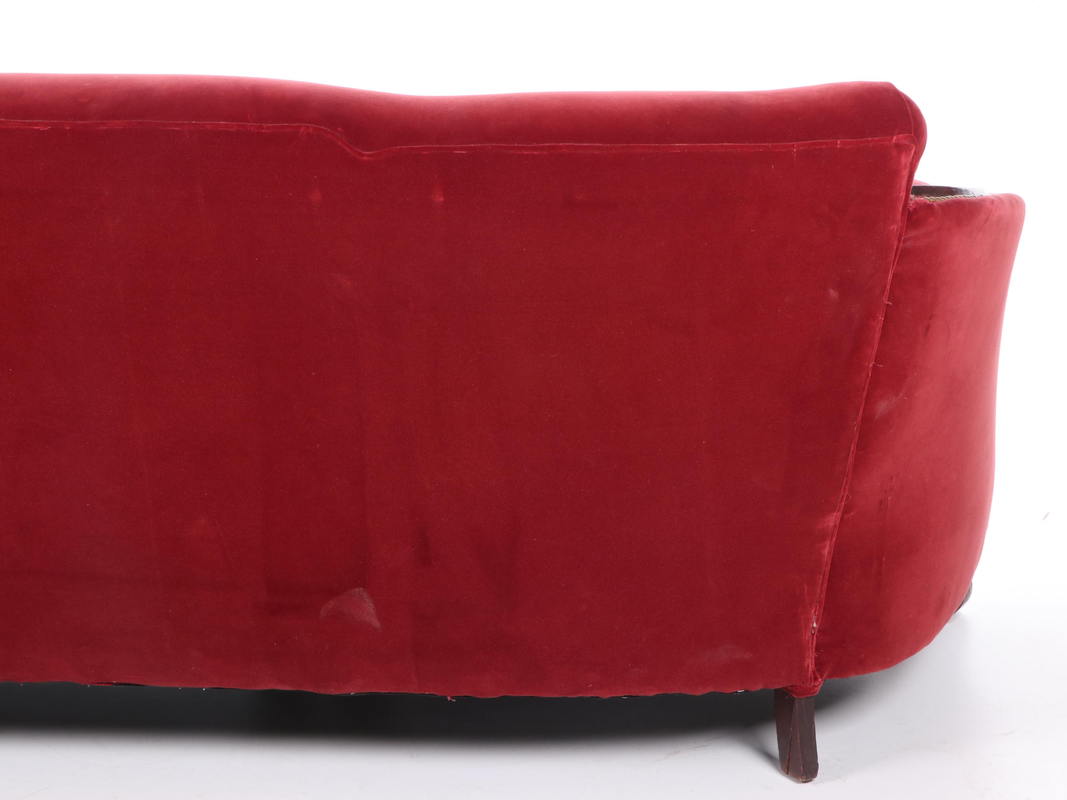 Art Deco Velvet and Carved Floral Mahogany Sofa, Early 20th Century