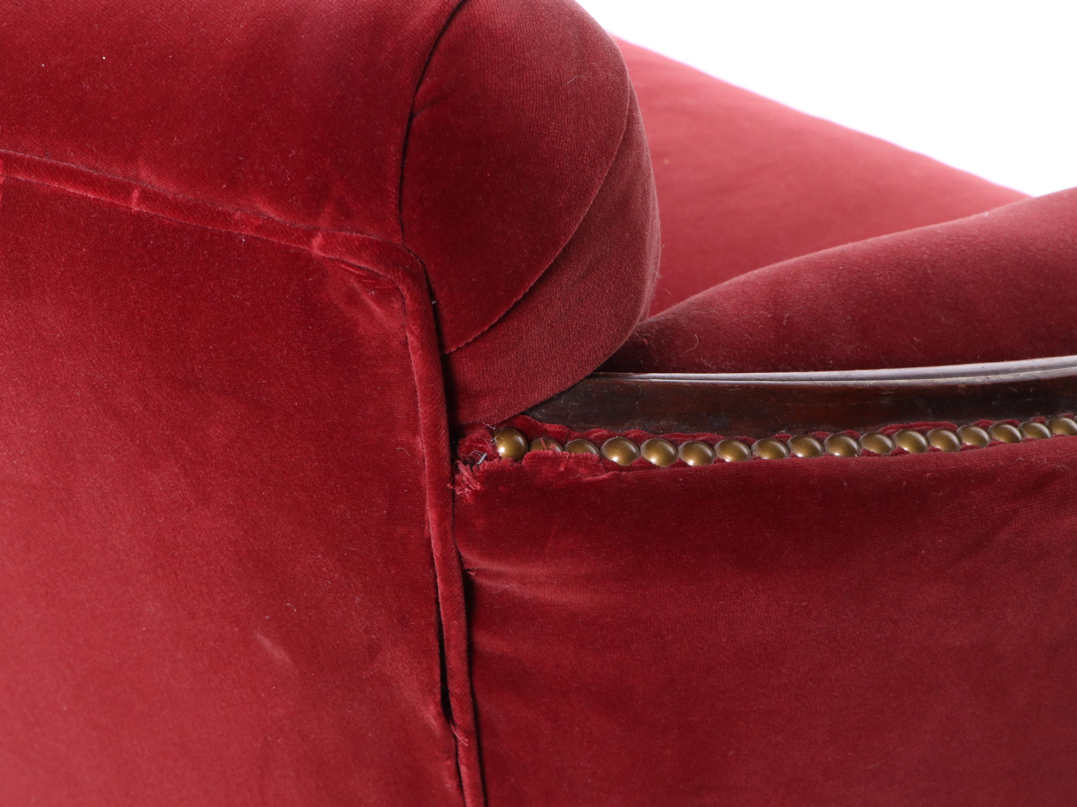 Art Deco Velvet and Carved Floral Mahogany Sofa, Early 20th Century