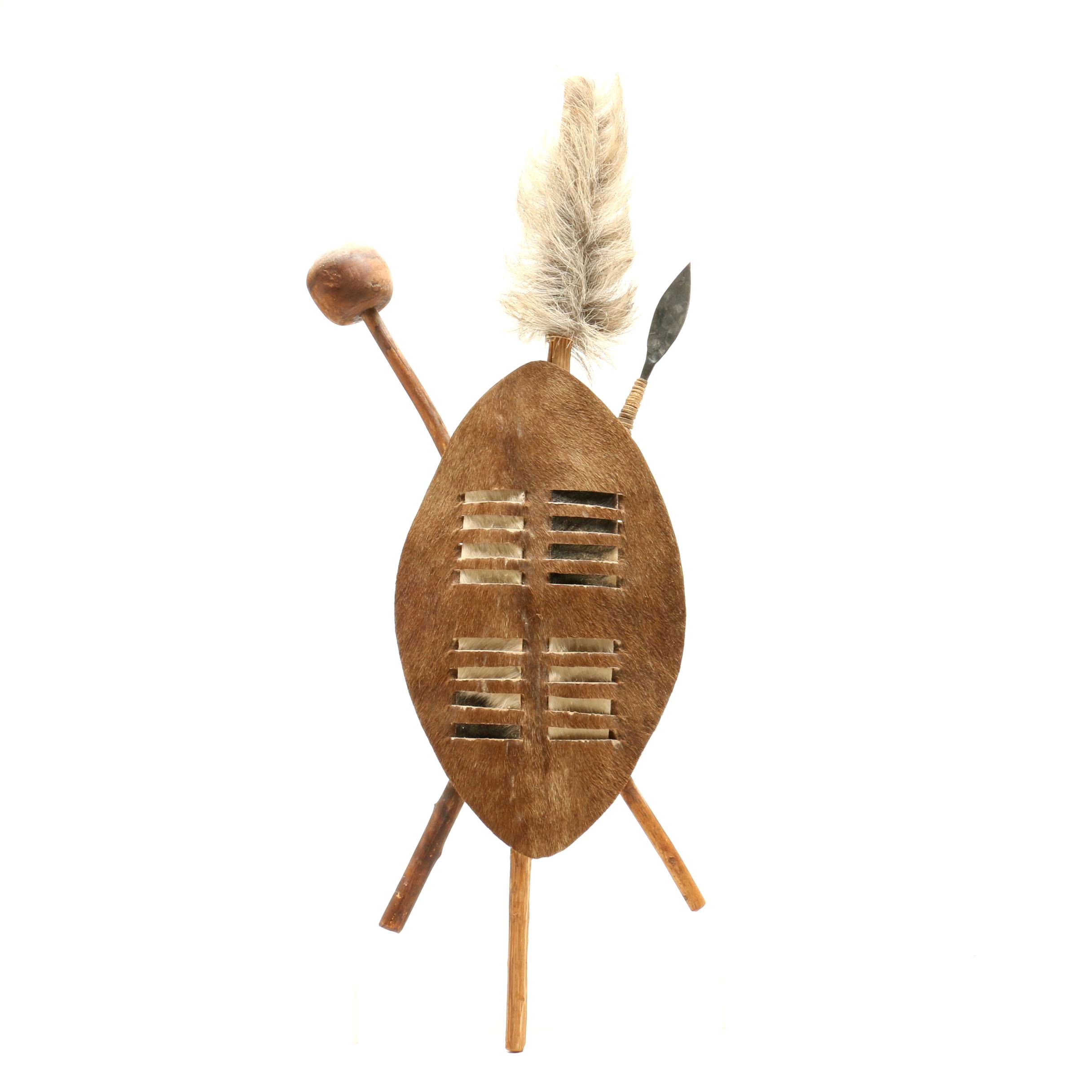 Zulu Cowhide Shield with Knobkerrie and Spear