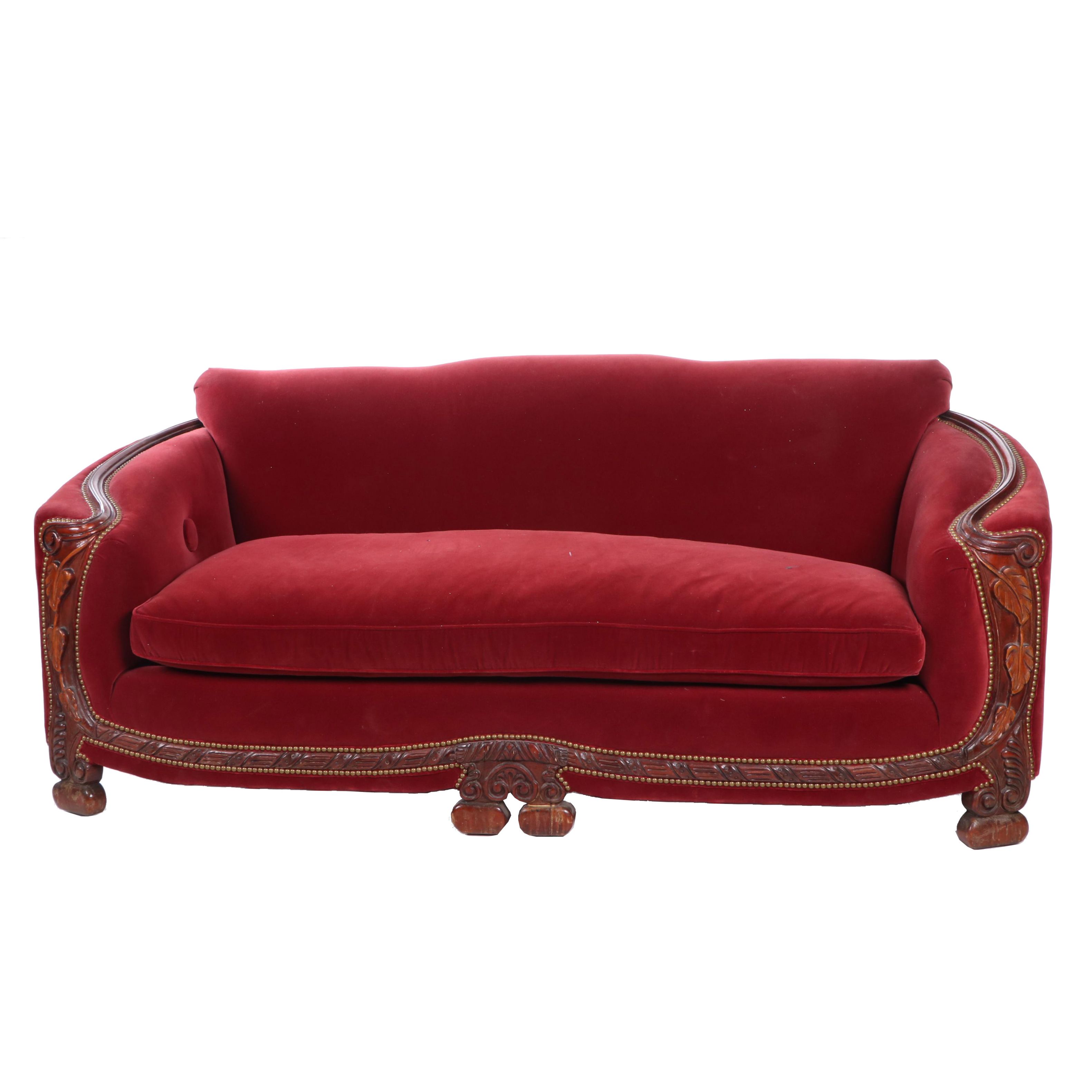 Art Deco Velvet and Carved Floral Mahogany Sofa, Early 20th Century