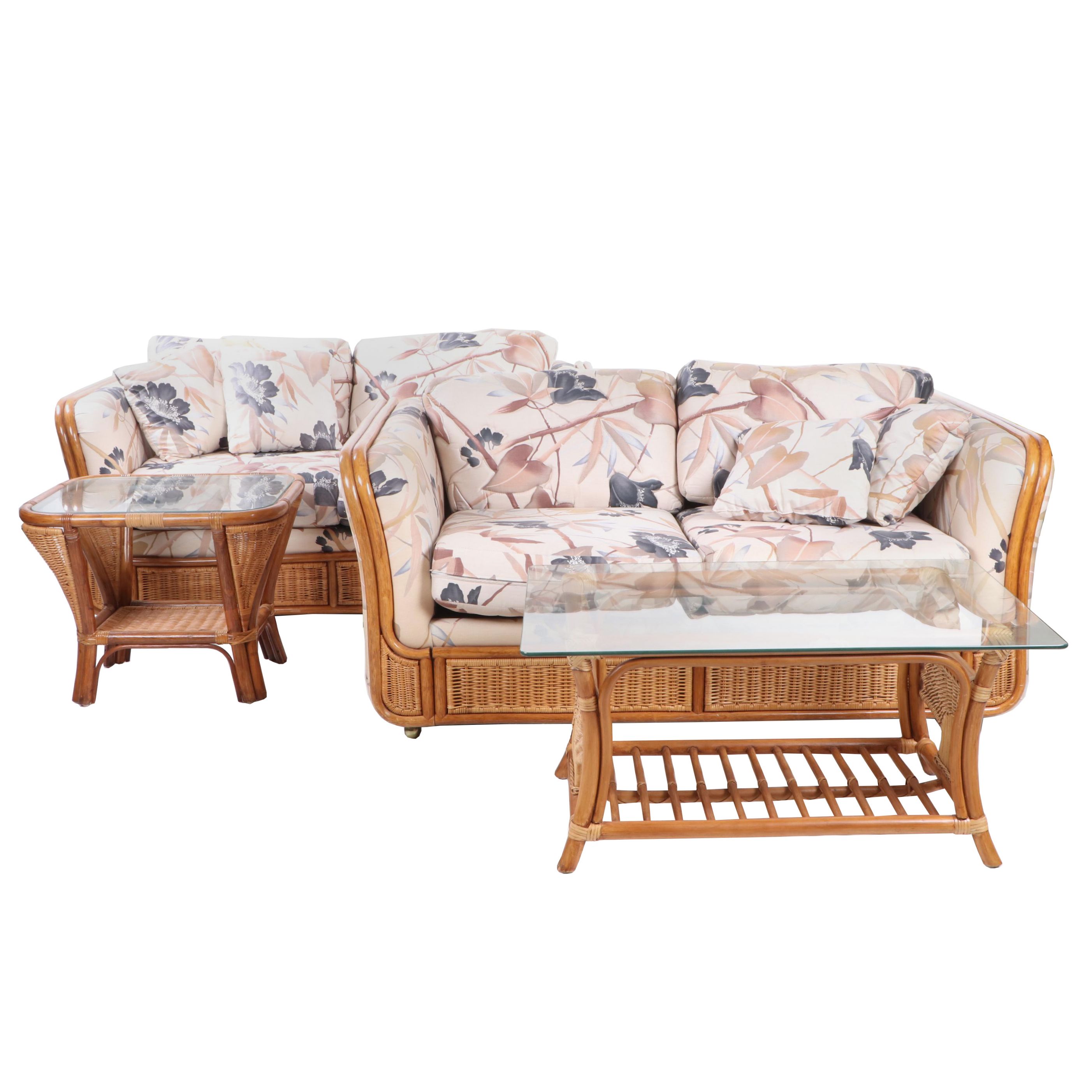 Bassett Wicker and Bamboo Upholstered Living Room Set, Contemporary