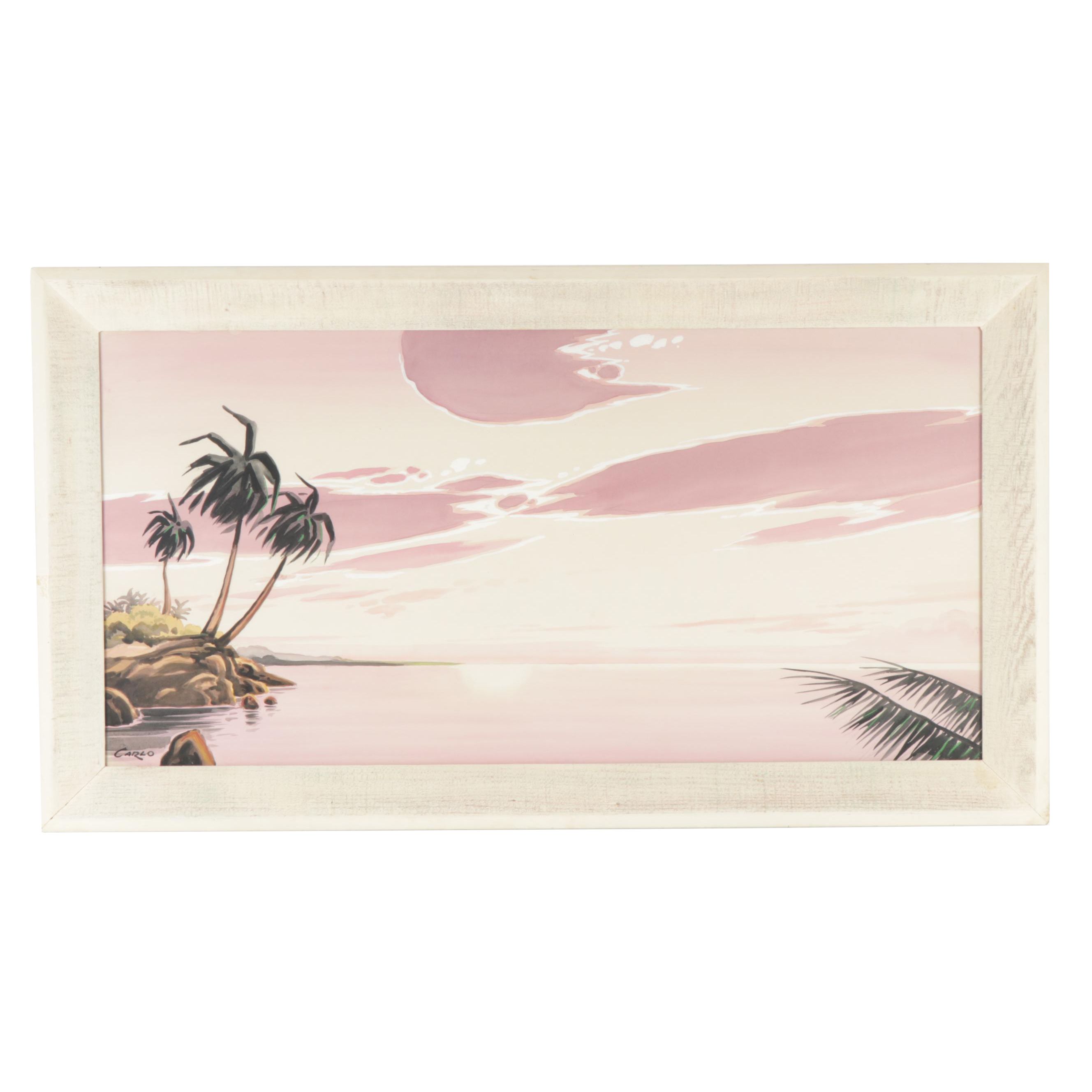 Carlo of Hollywood Large Mid Century Tropical Gouache Painting
