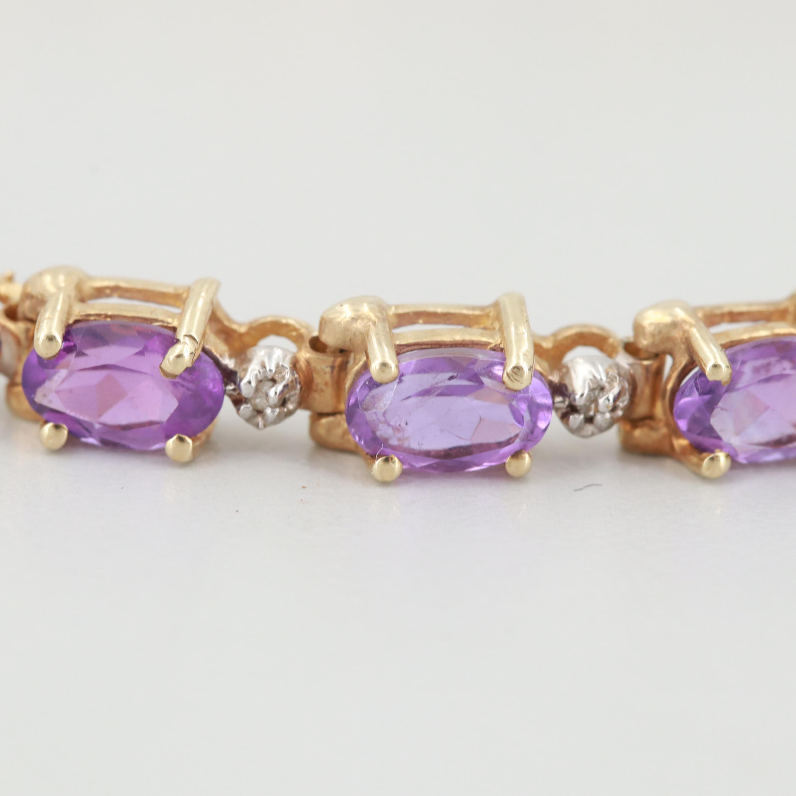 10K Yellow Gold Amethyst and Diamond Bracelet