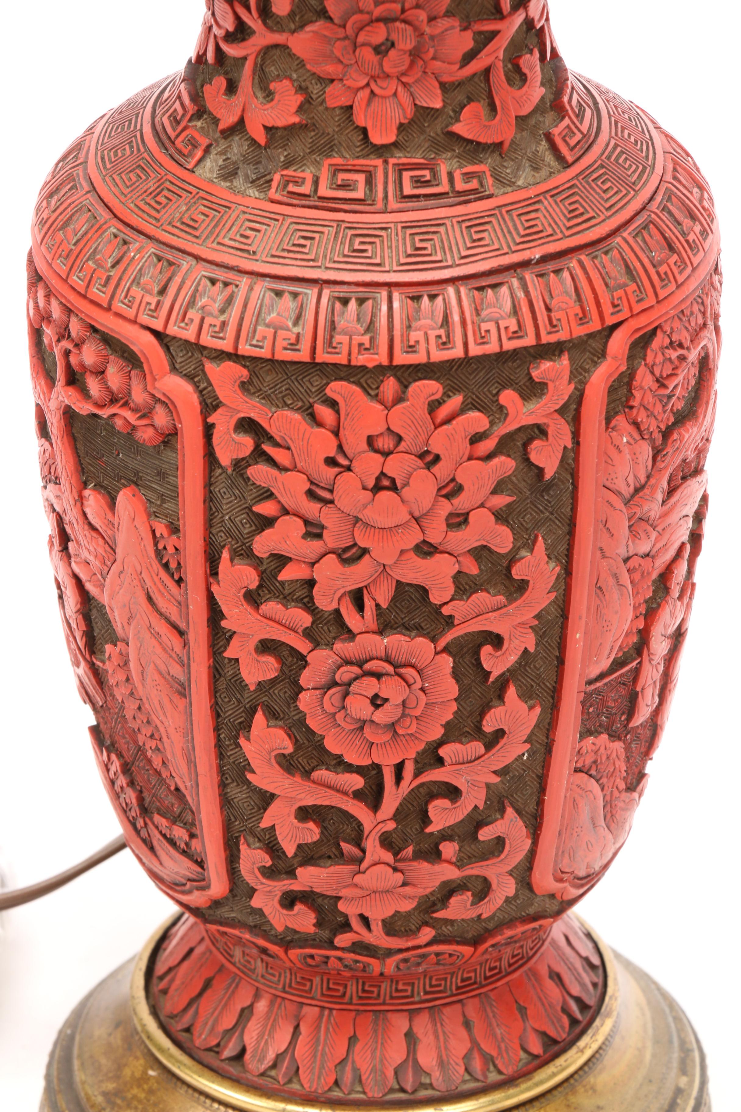 Chinese Carved Cinnabar Table Lamps, Qing Dynasty
