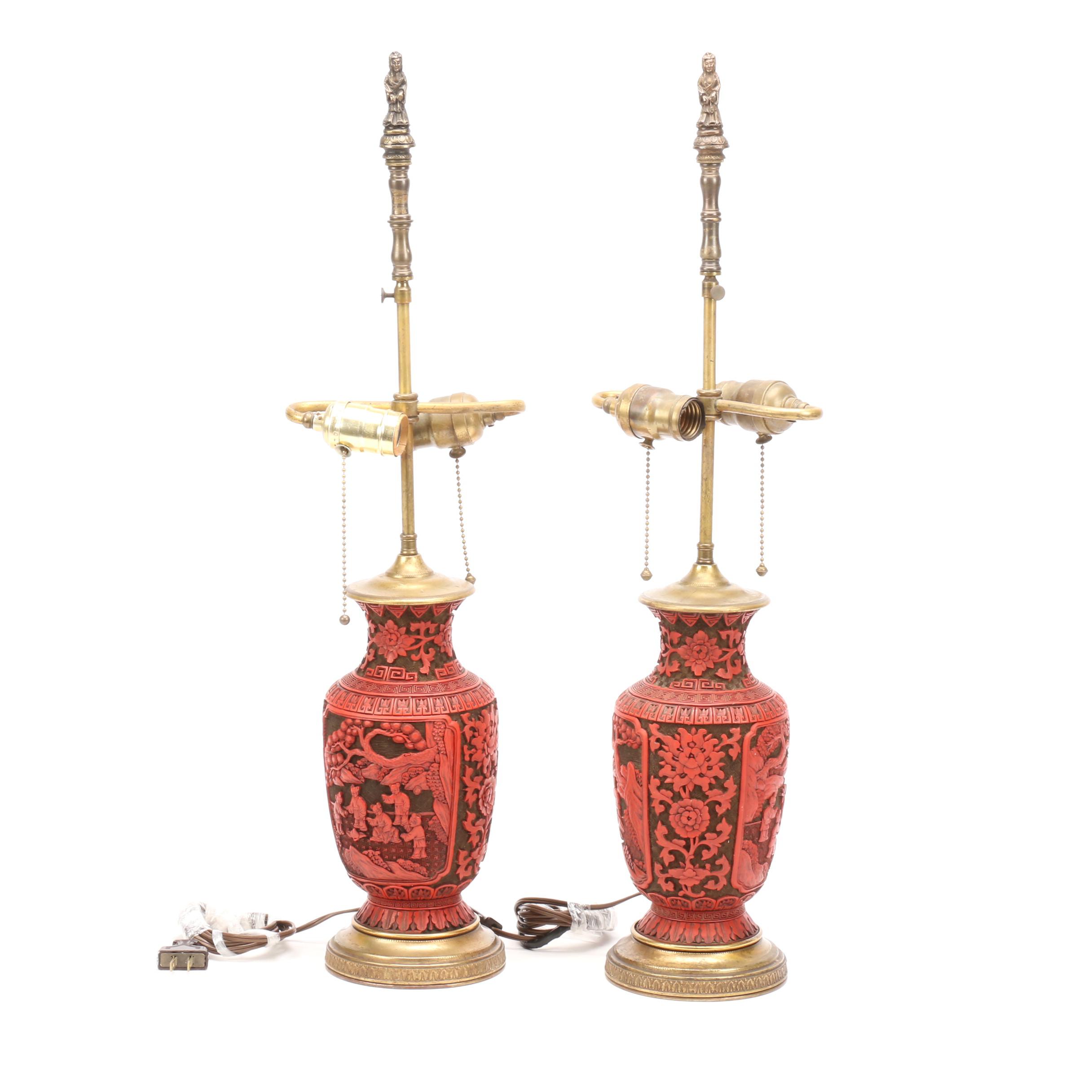 Chinese Carved Cinnabar Table Lamps, Qing Dynasty