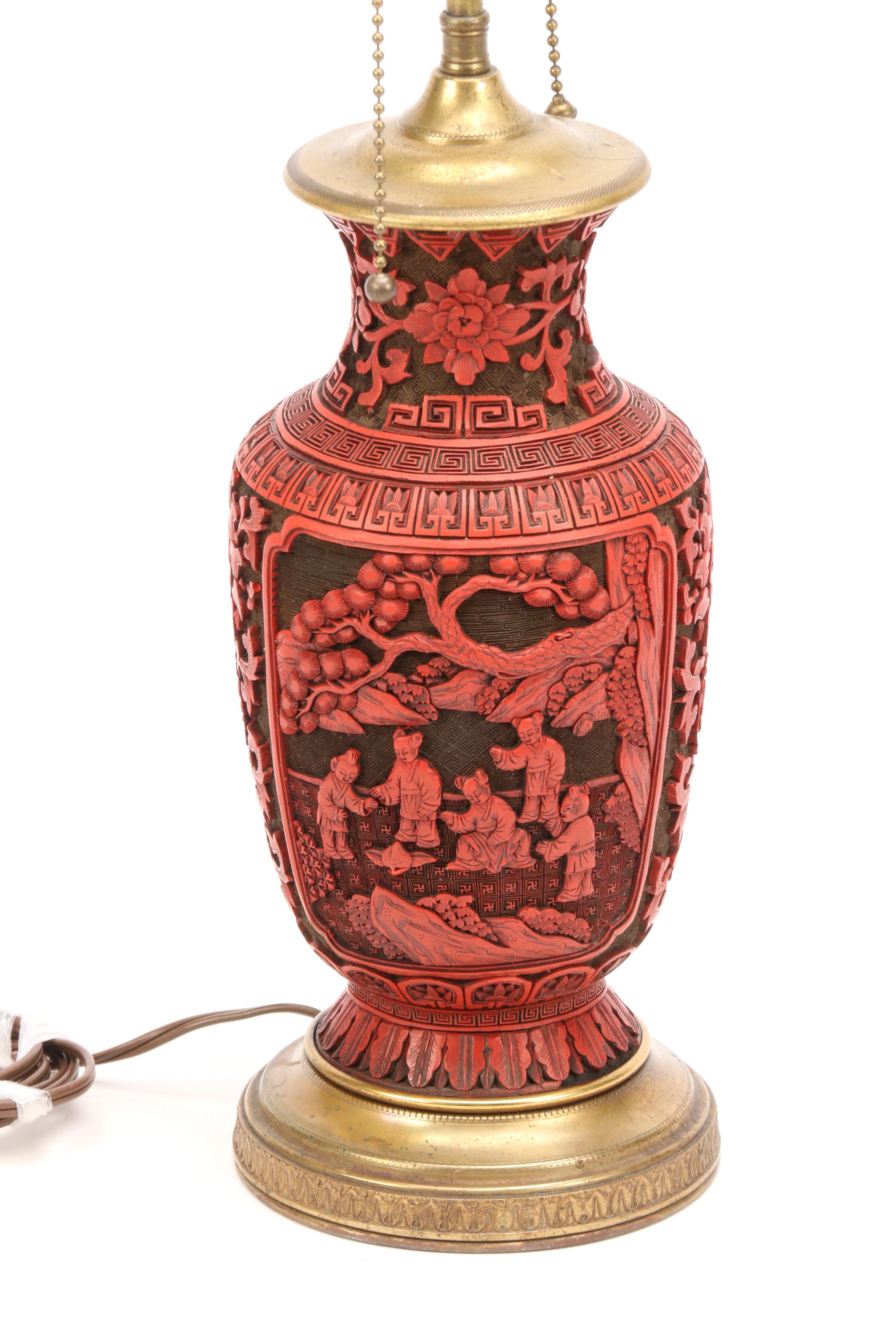 Chinese Carved Cinnabar Table Lamps, Qing Dynasty