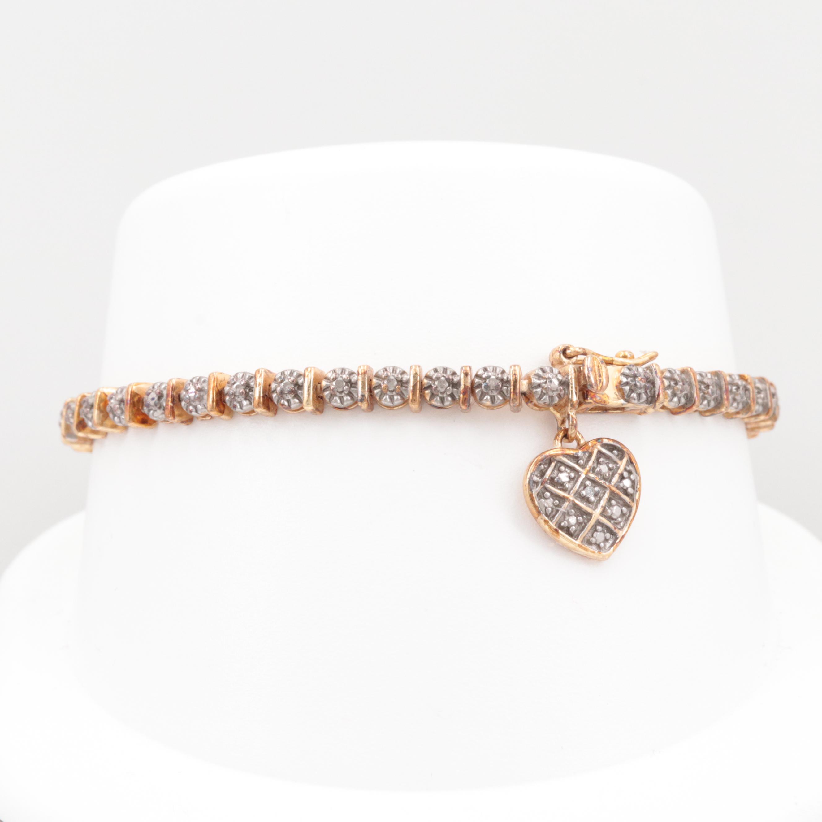Gold Wash on Sterling Silver Diamond Heart Bracelet