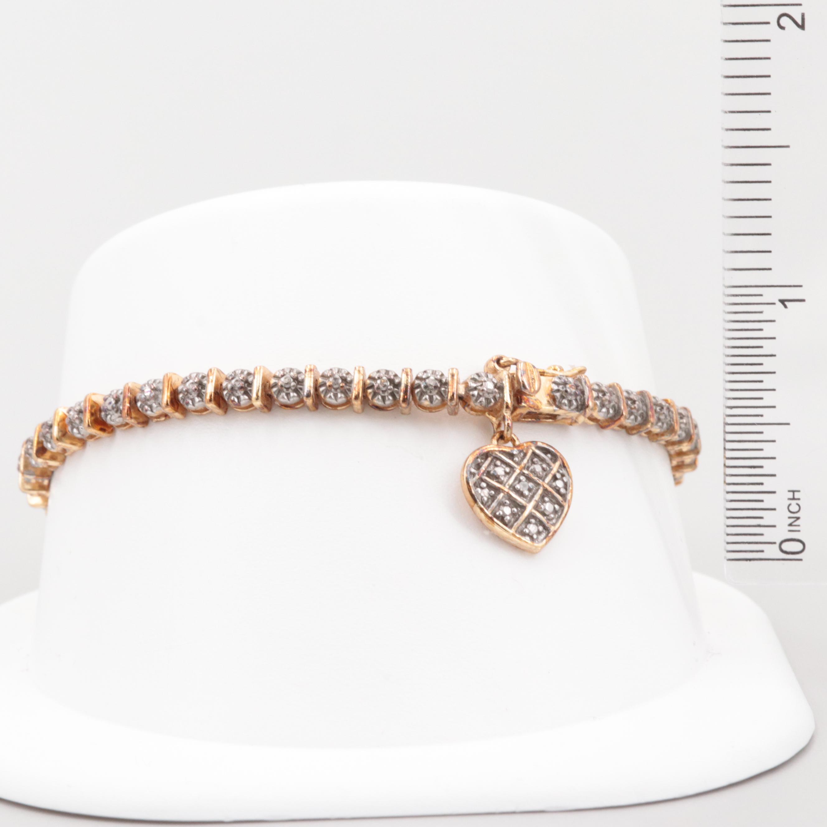 Gold Wash on Sterling Silver Diamond Heart Bracelet