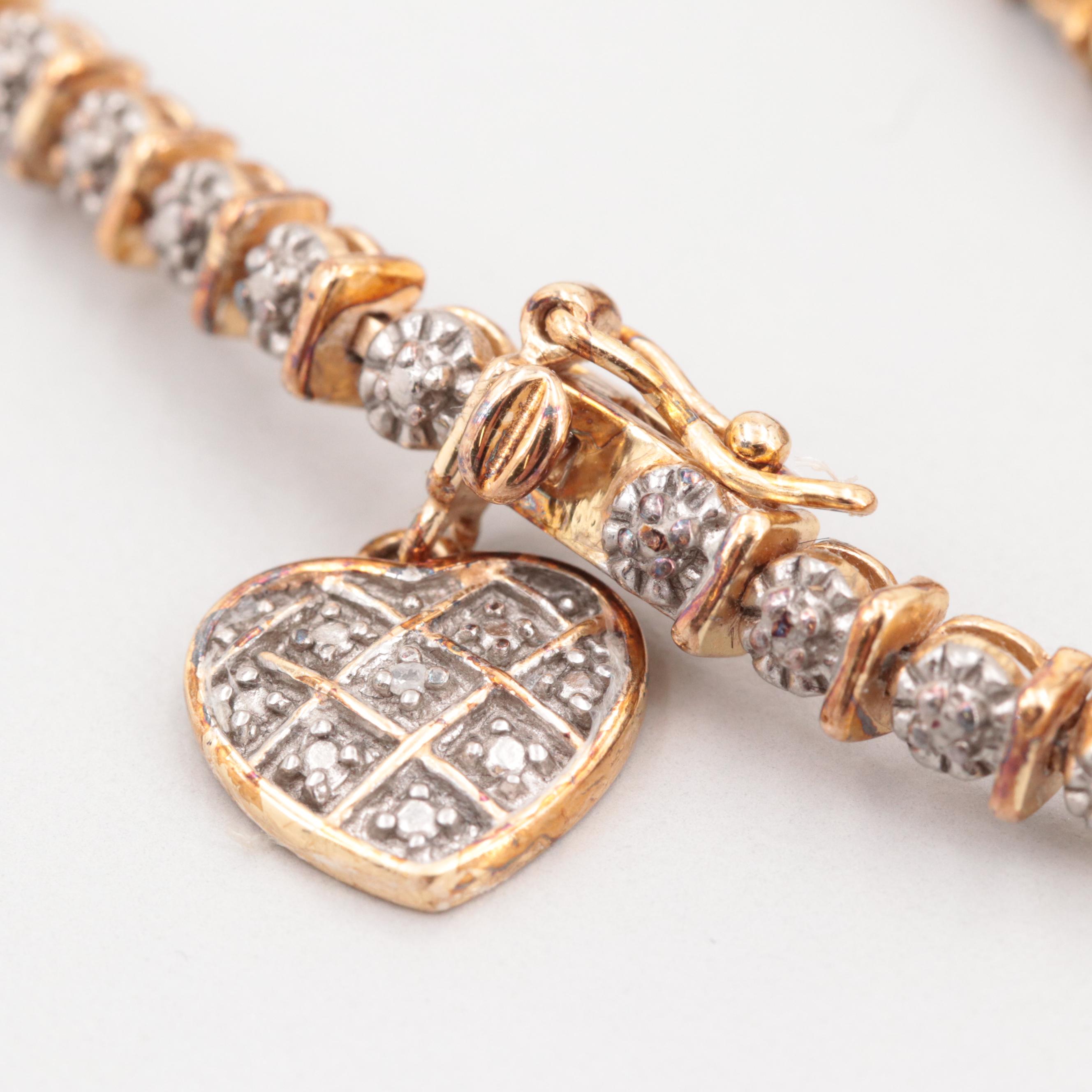Gold Wash on Sterling Silver Diamond Heart Bracelet