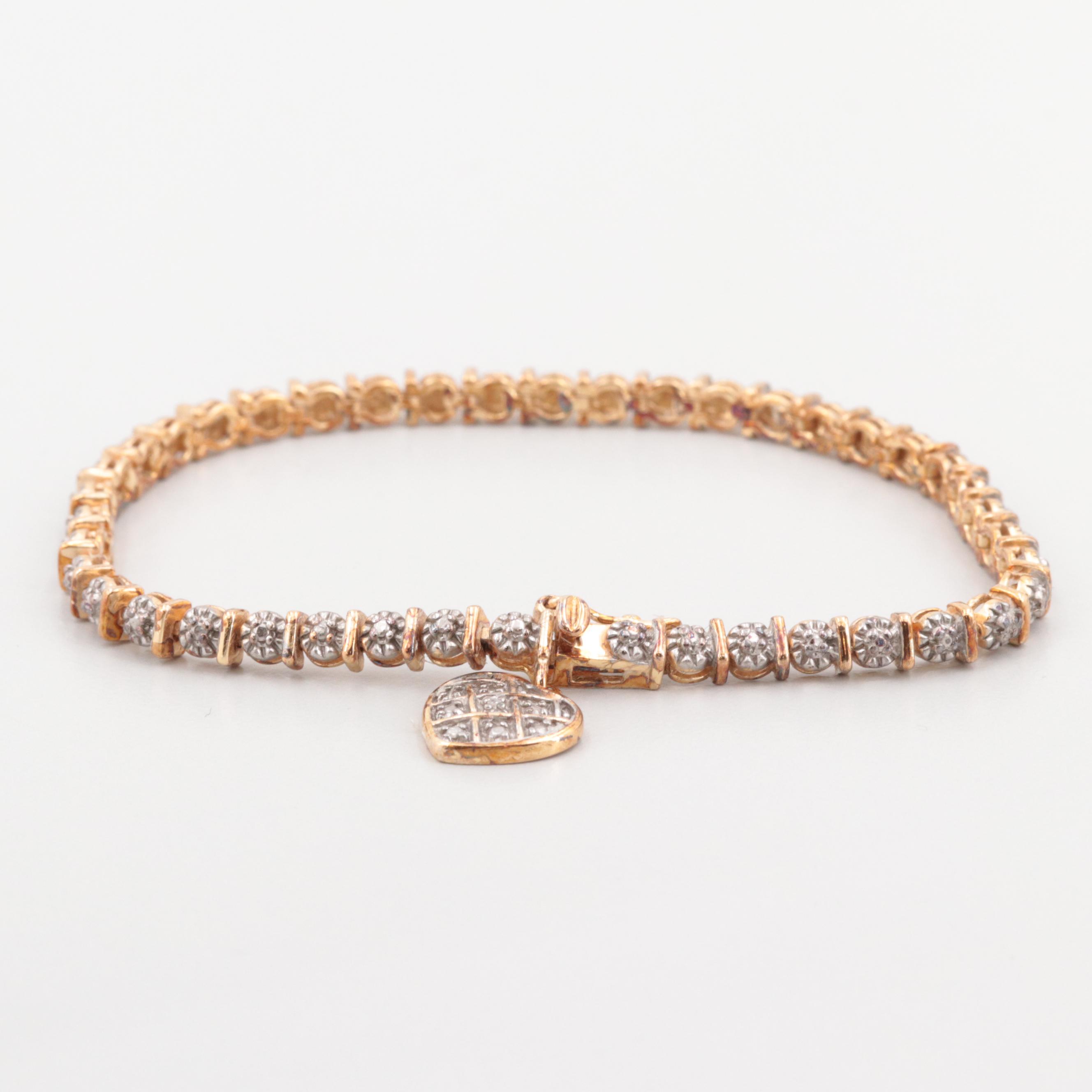 Gold Wash on Sterling Silver Diamond Heart Bracelet