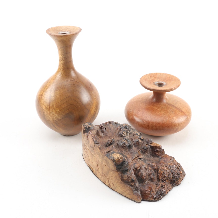 Bruce Bernson Turned Myrtle and Maple Burl Vases with Lidded Box