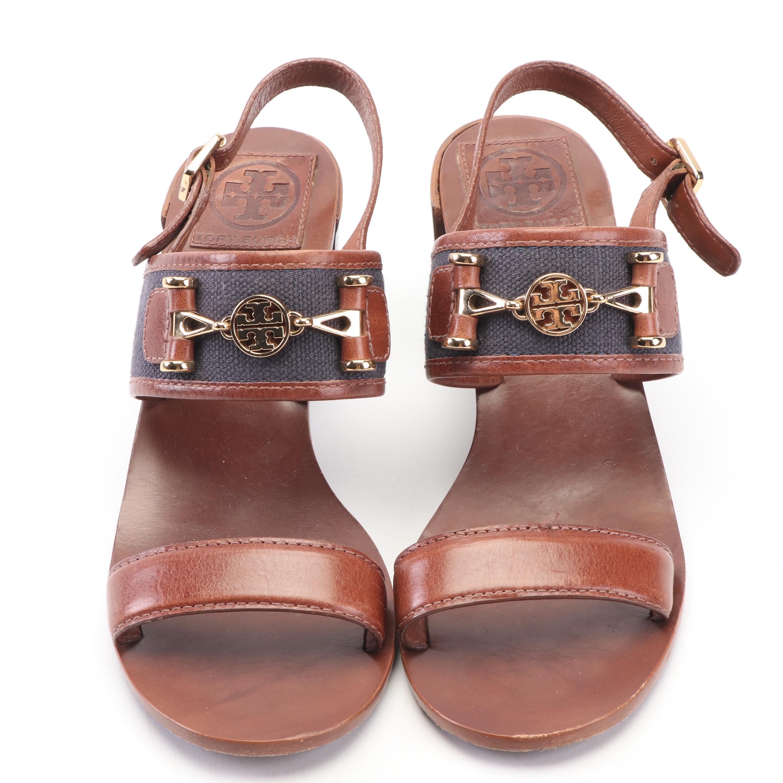Tory Burch Navy Canvas and Brown Leather Sandals