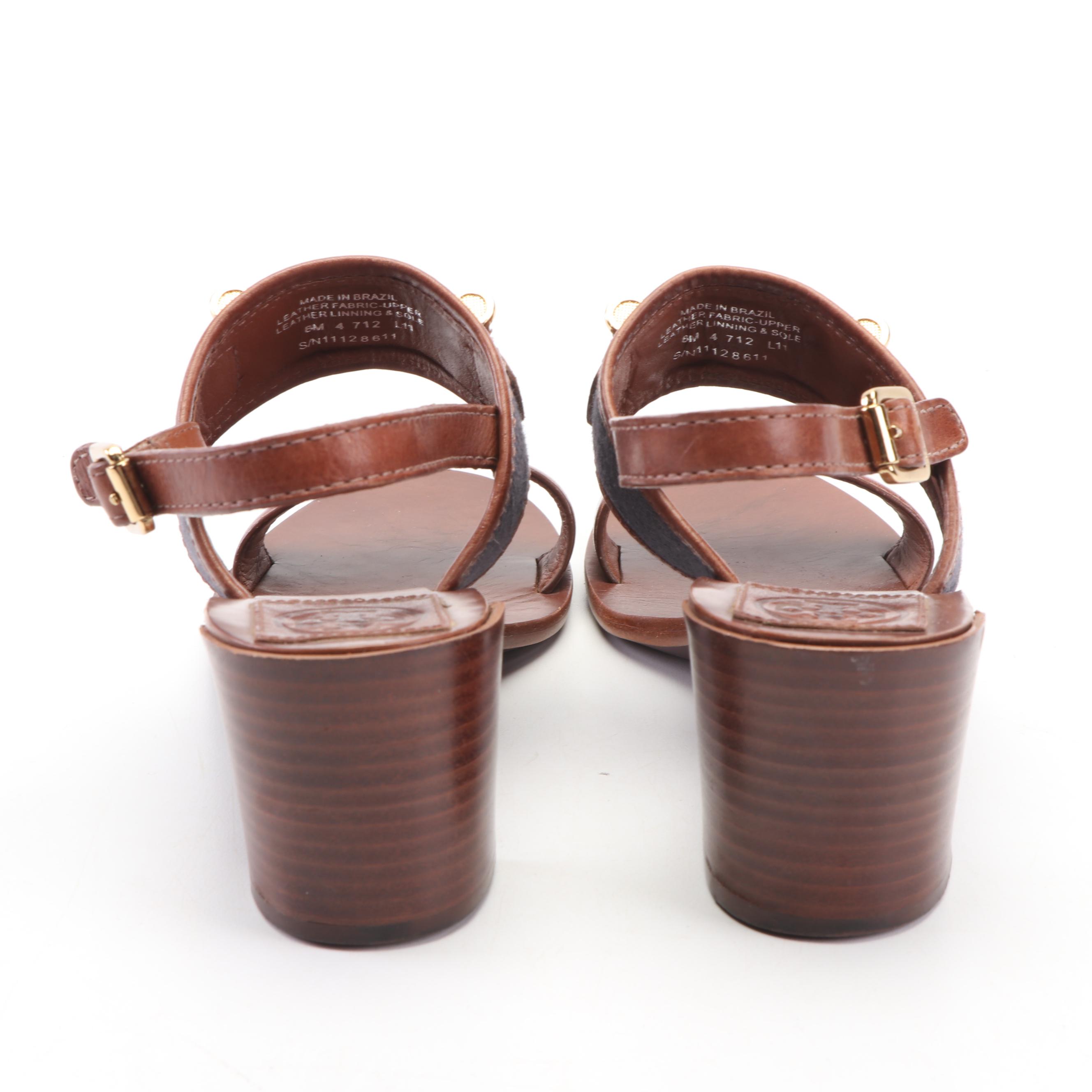 Tory Burch Navy Canvas and Brown Leather Sandals