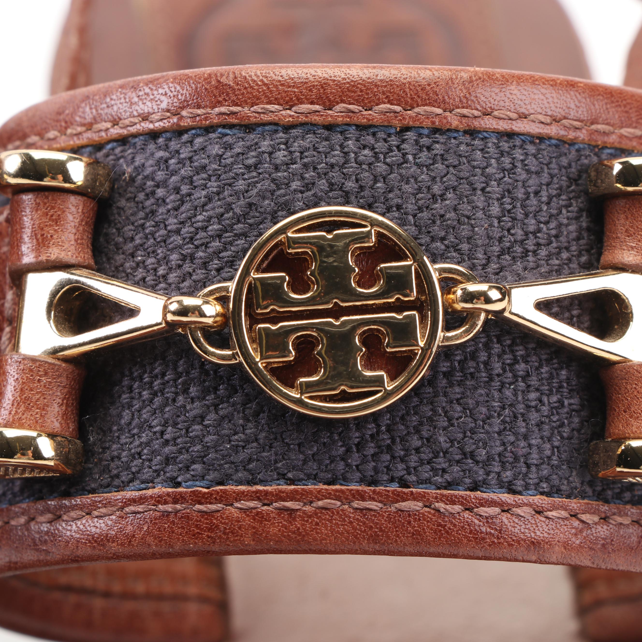 Tory Burch Navy Canvas and Brown Leather Sandals