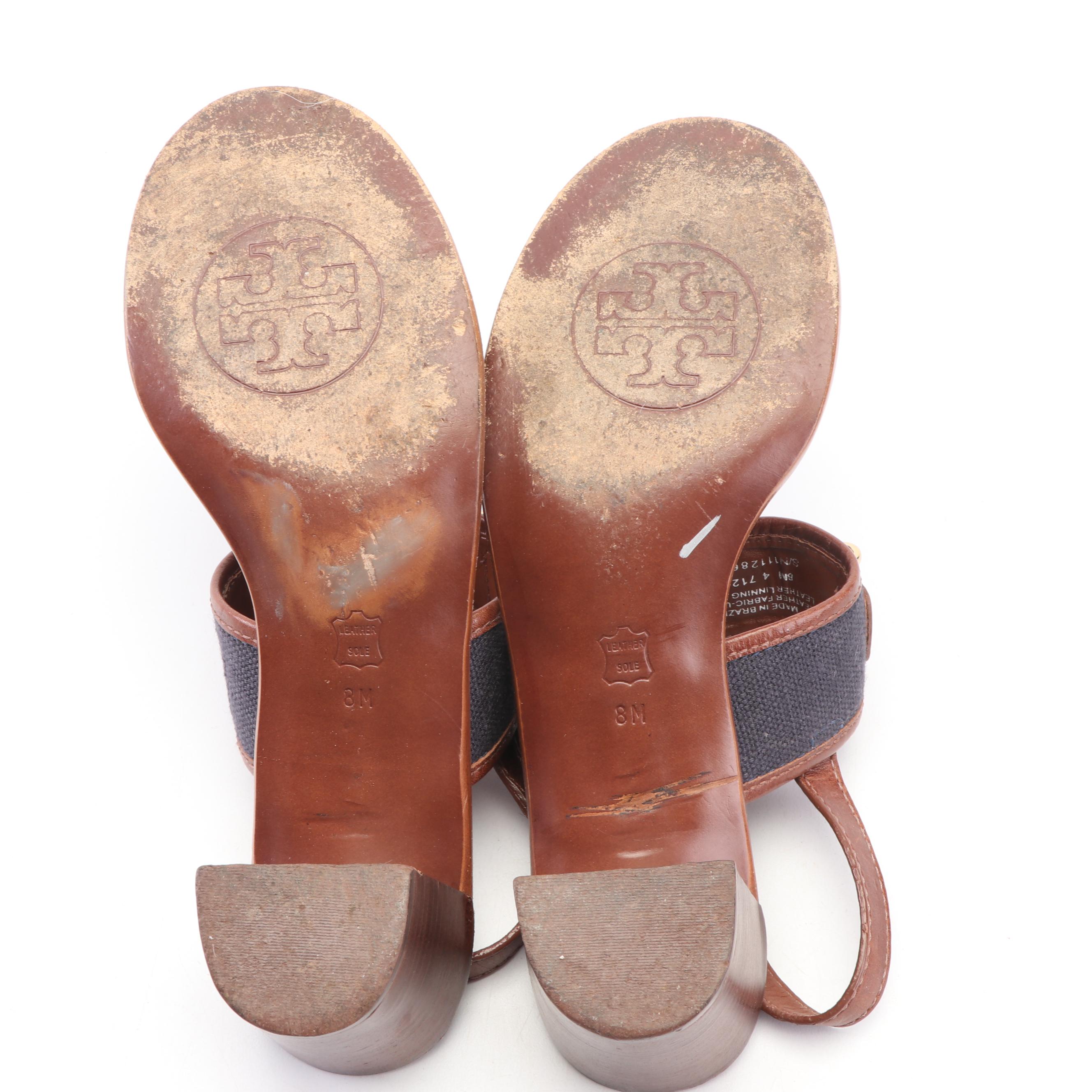 Tory Burch Navy Canvas and Brown Leather Sandals