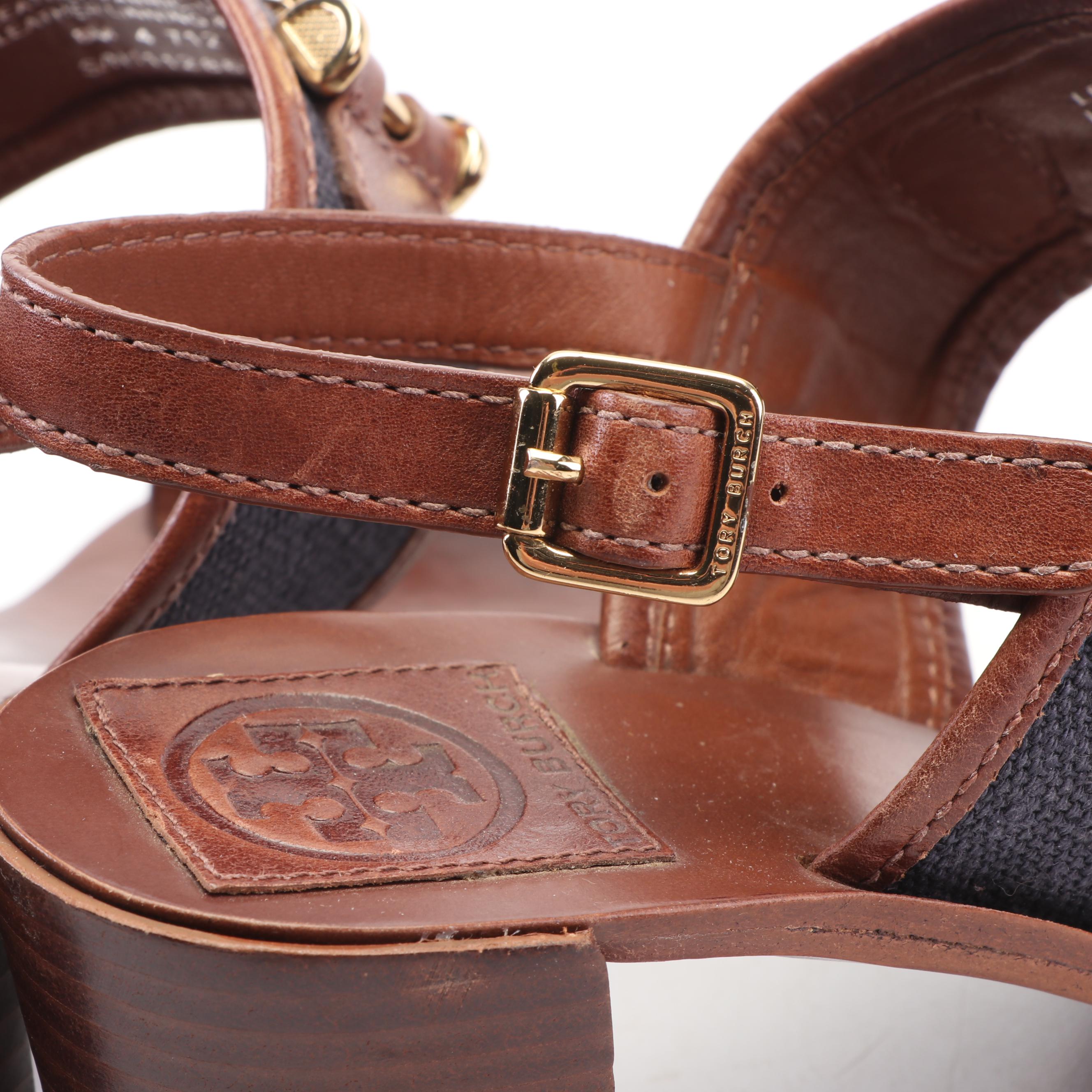 Tory Burch Navy Canvas and Brown Leather Sandals