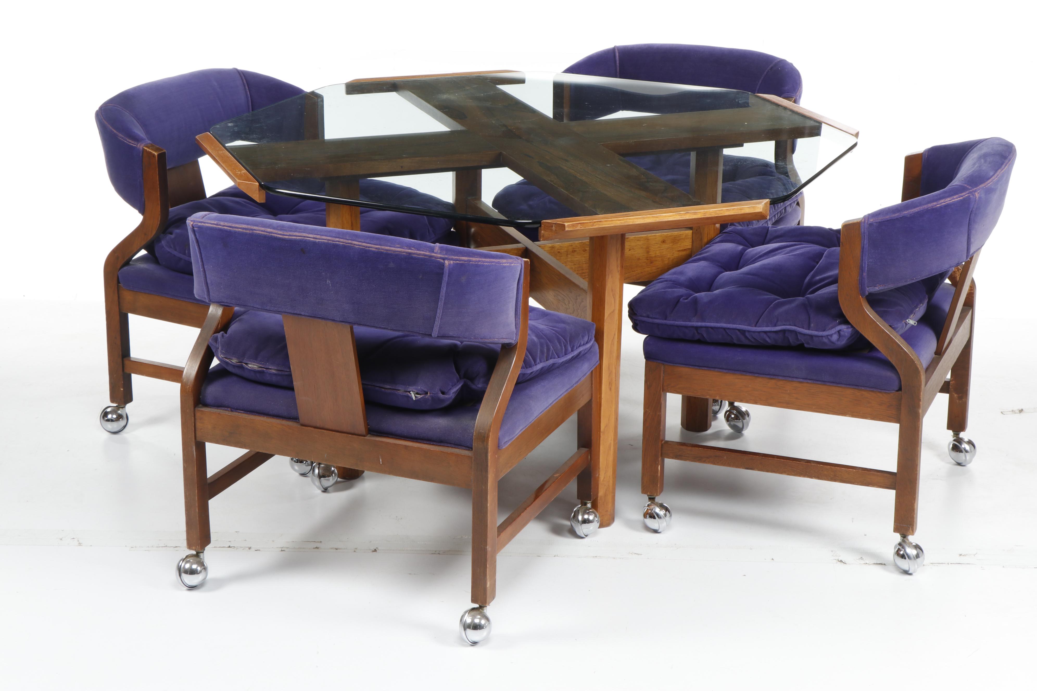 Mid Century Modern Glass Top Table and Purple Velvet Chairs on Casters