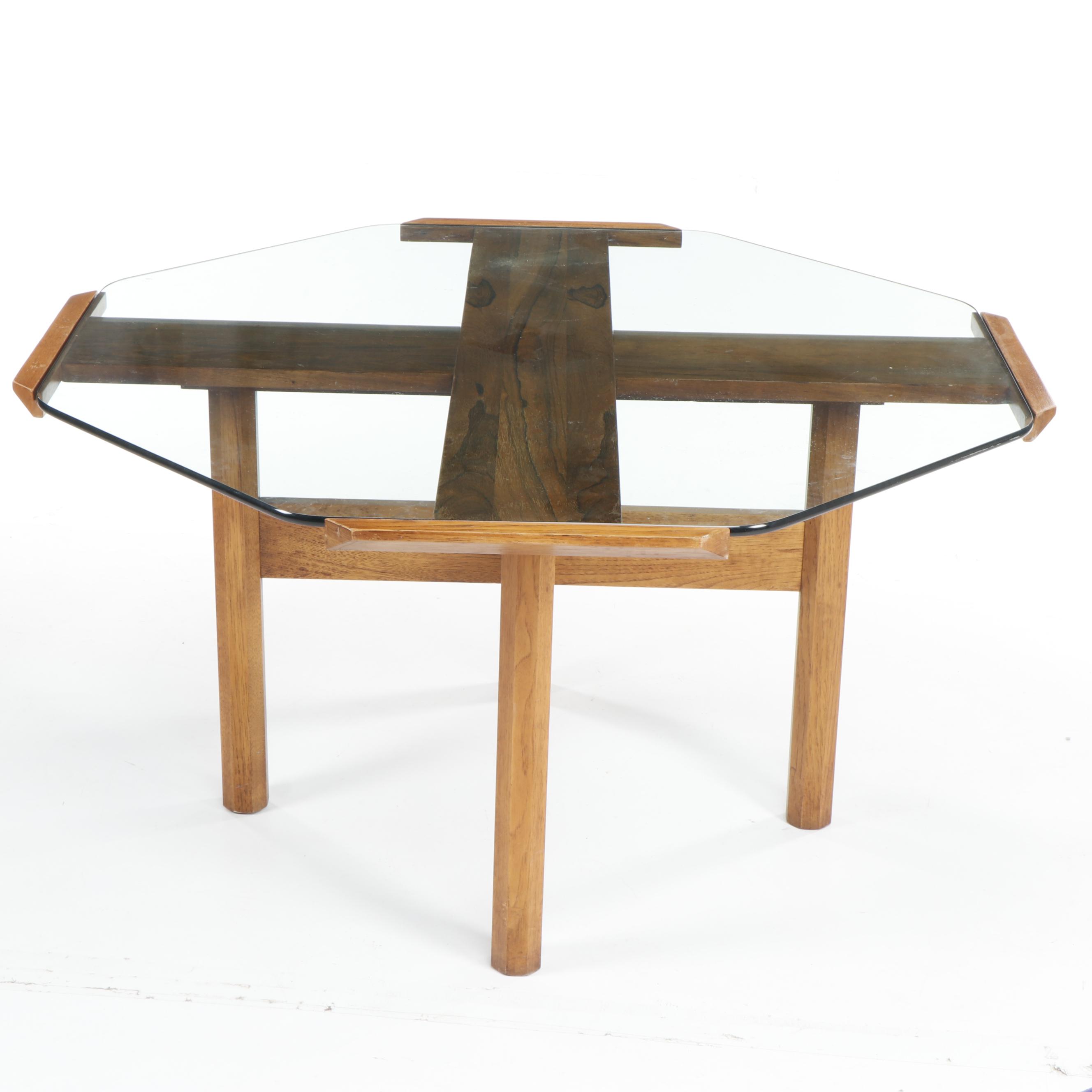 Mid Century Modern Glass Top Table and Purple Velvet Chairs on Casters