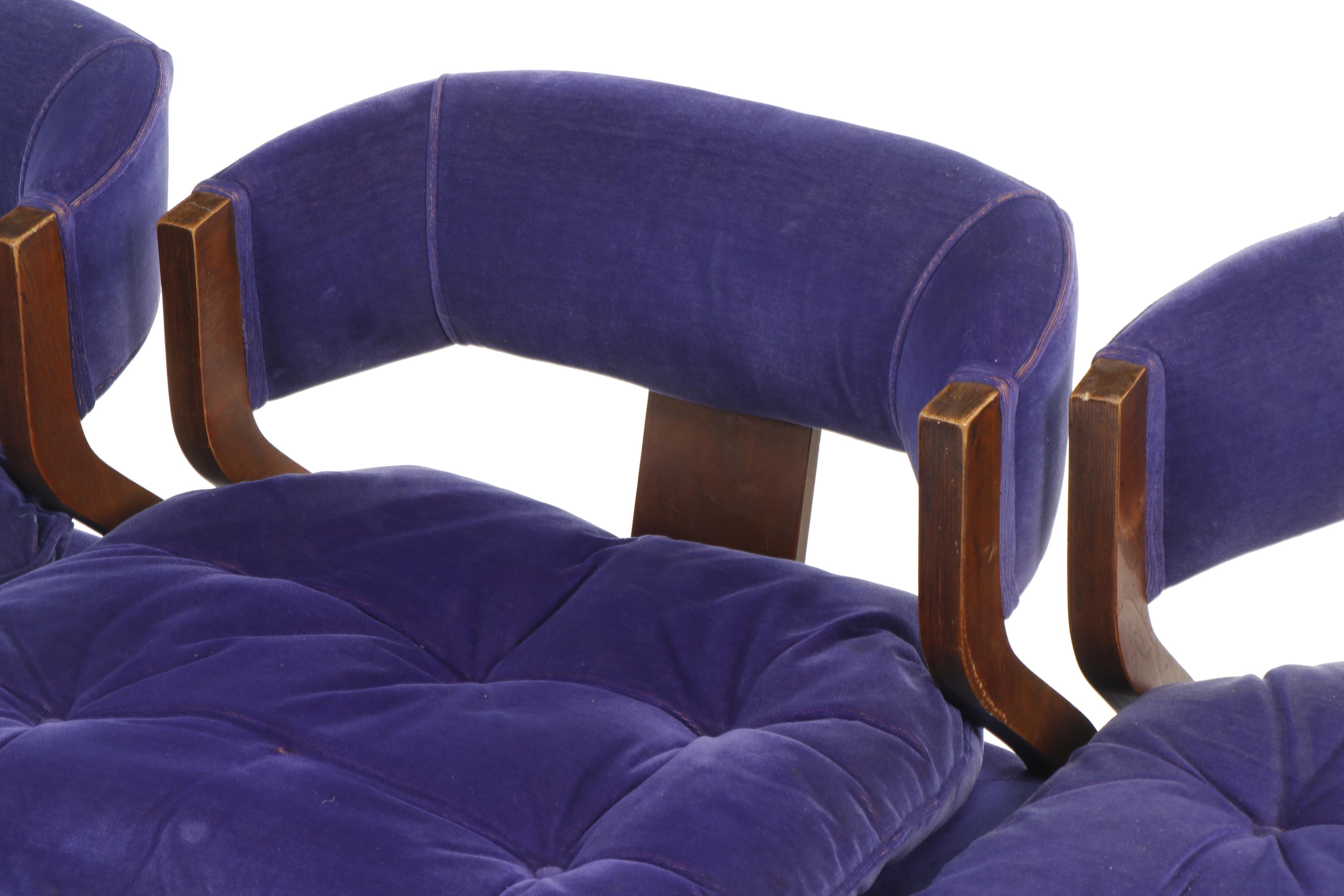 Mid Century Modern Glass Top Table and Purple Velvet Chairs on Casters