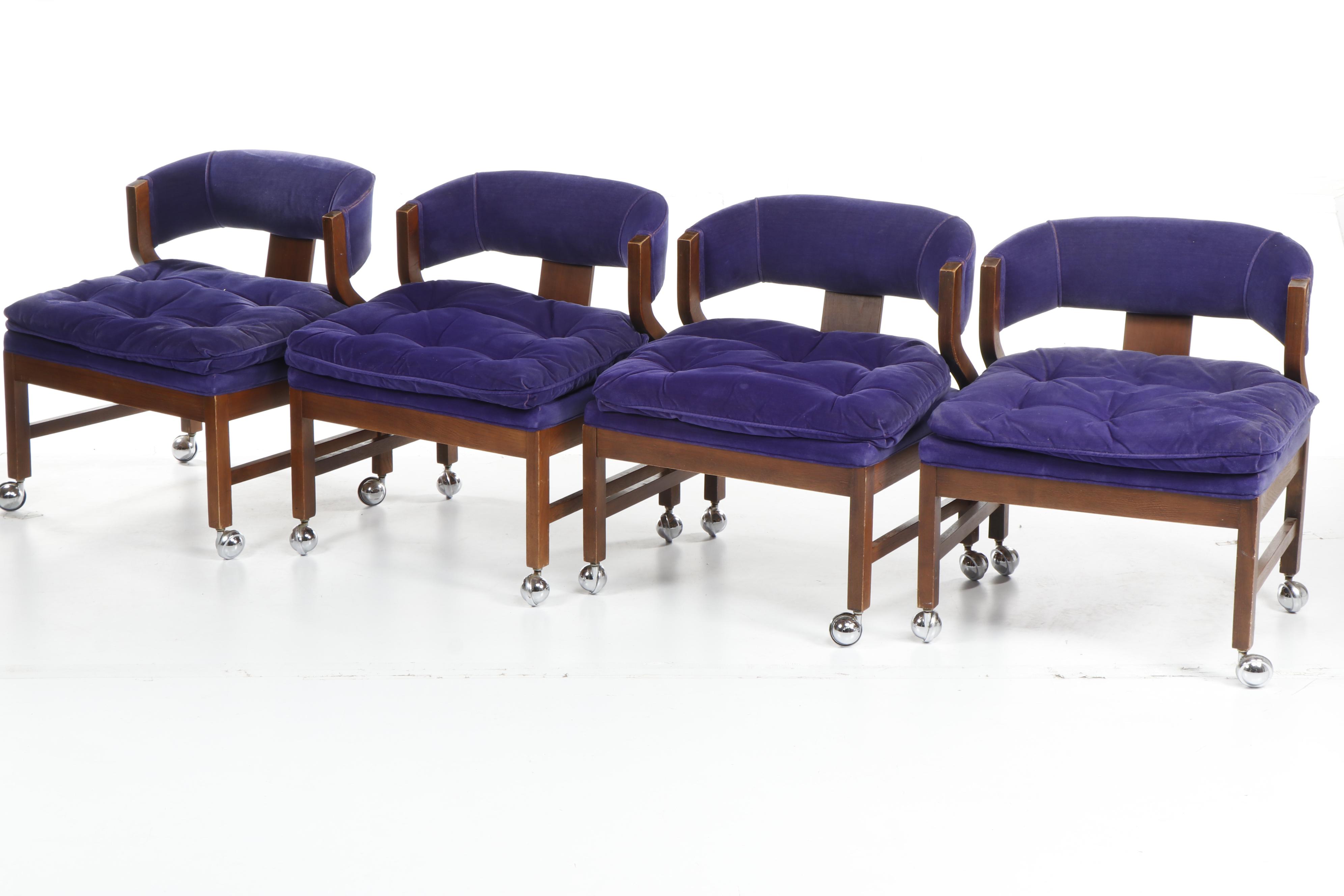 Mid Century Modern Glass Top Table and Purple Velvet Chairs on Casters
