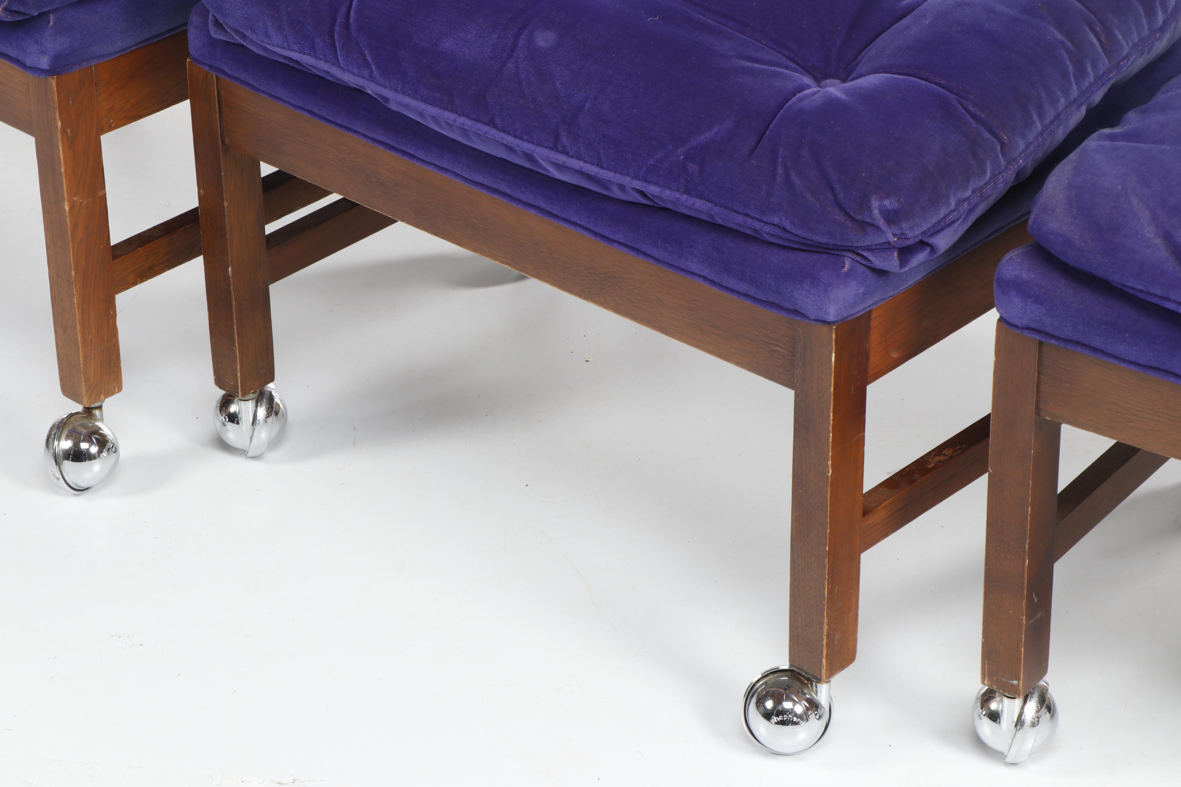 Mid Century Modern Glass Top Table and Purple Velvet Chairs on Casters