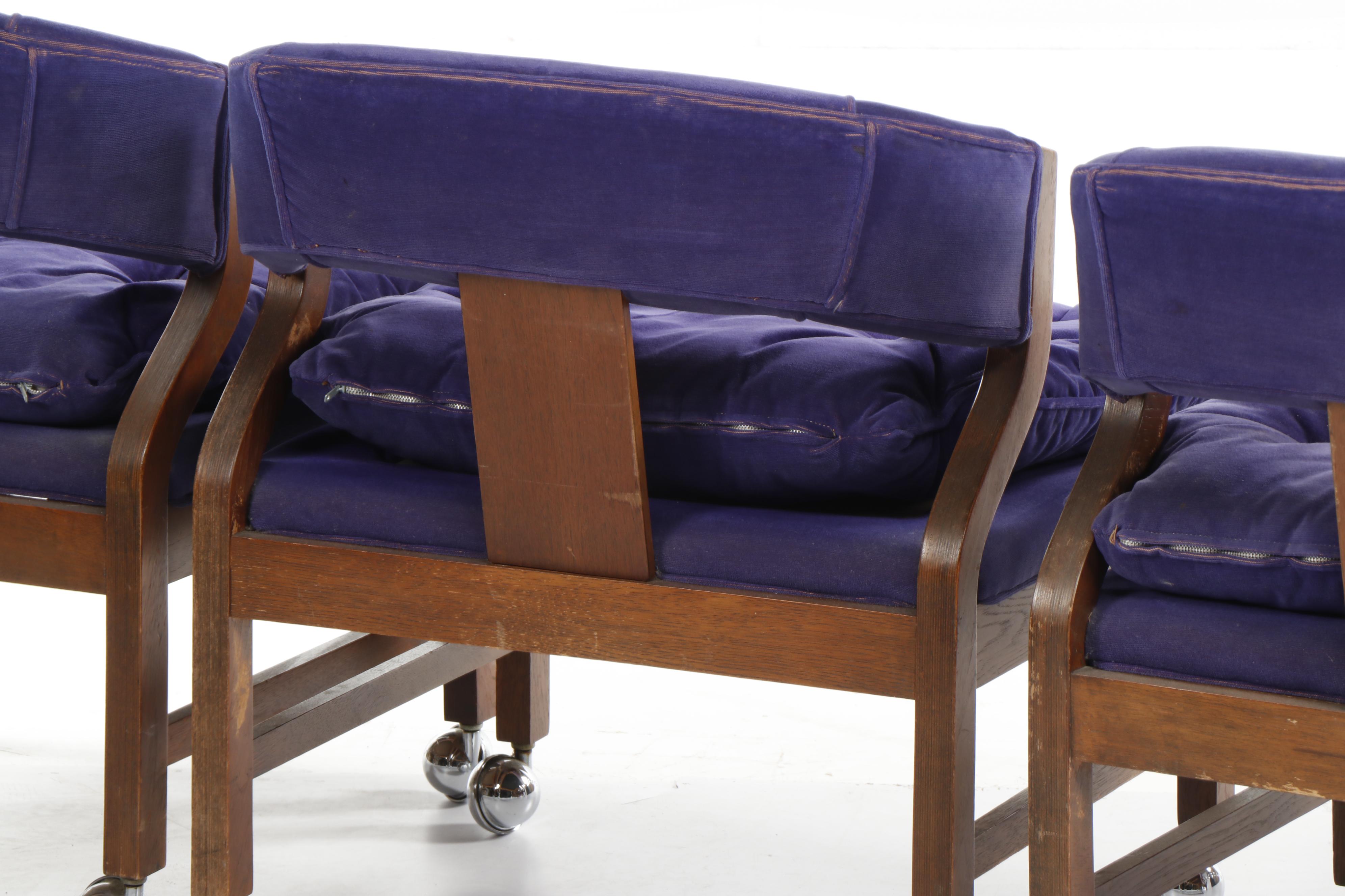 Mid Century Modern Glass Top Table and Purple Velvet Chairs on Casters