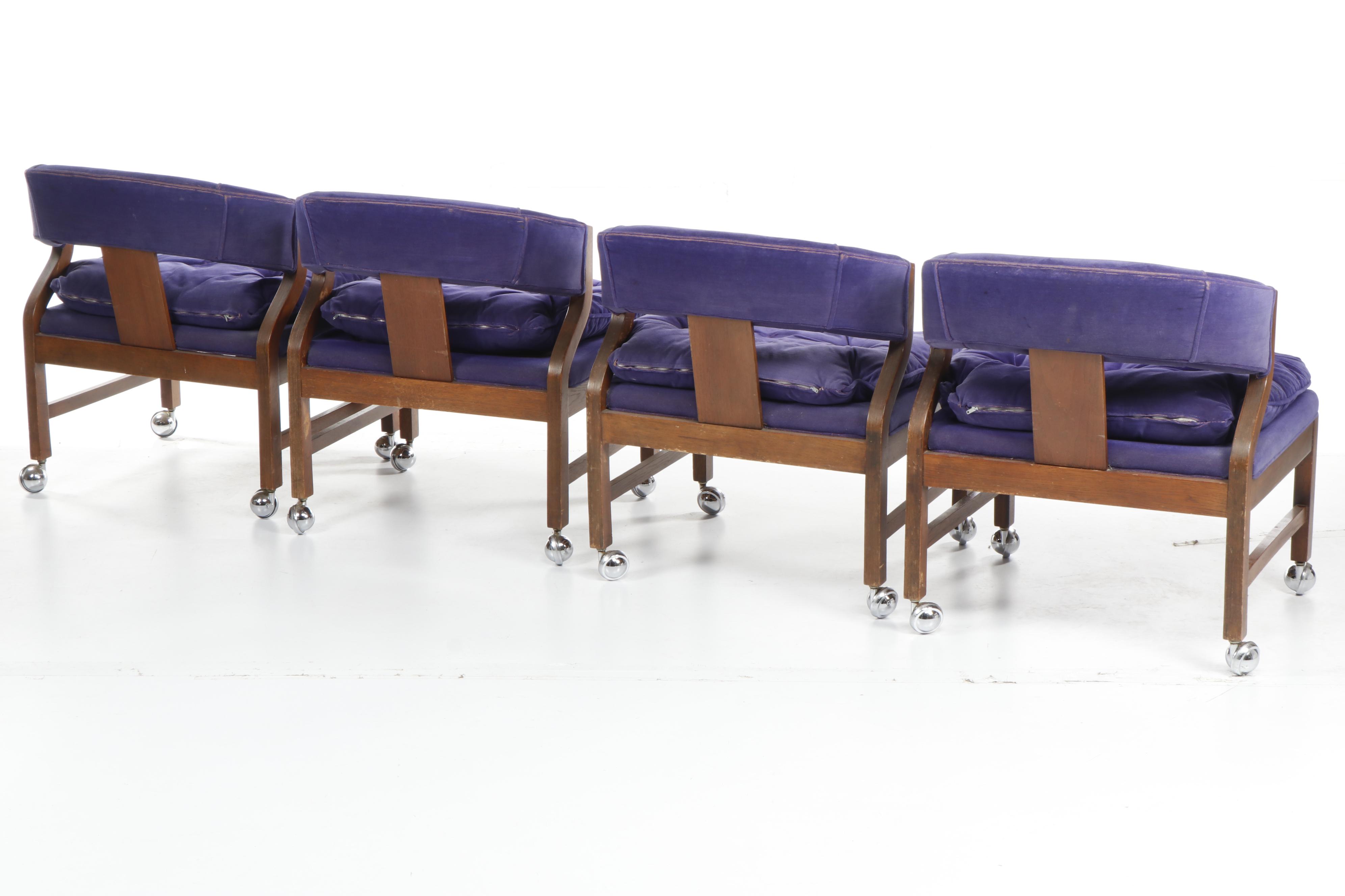 Mid Century Modern Glass Top Table and Purple Velvet Chairs on Casters